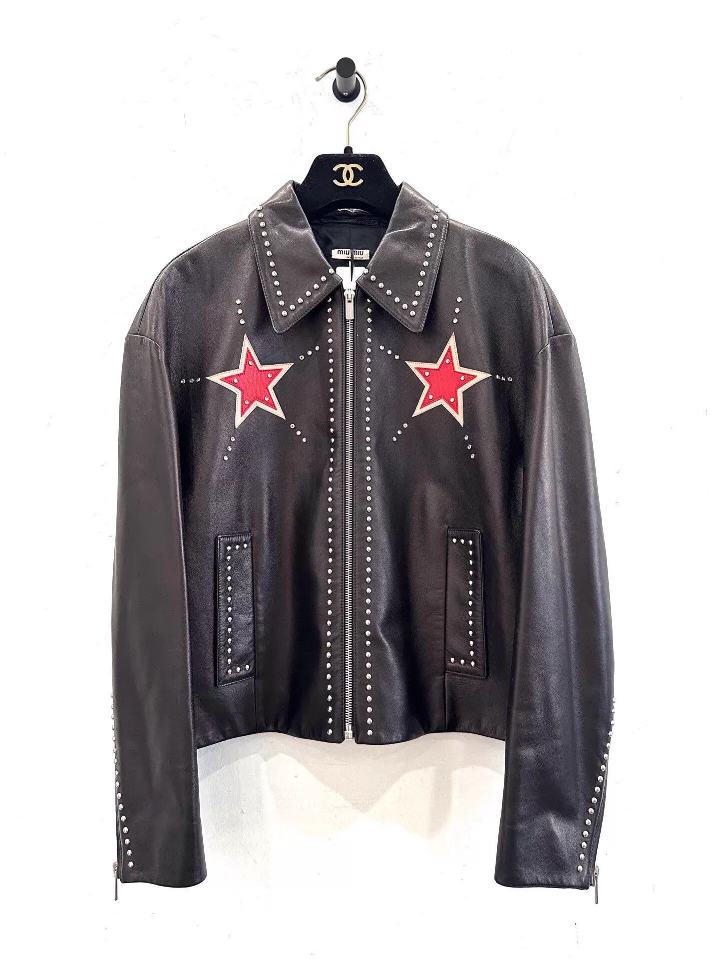 Miu Miu MIU MIU Black Leather Red Star Crystal Logo Jacket Size S / US 4 / IT 40 - 1 Thumbnail