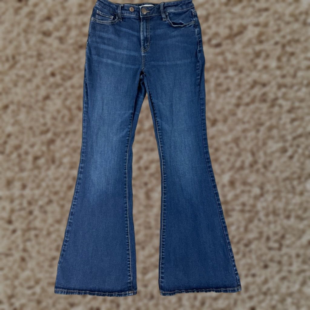 Vintage SO Jeans Pants Women 11 Blue Denim Flared Mid Rise Med Wash 26x30 Cotton Blend Regular 5-Pocket Design Zip Size 32" / US 10 / IT 46 - 1 Thumbnail