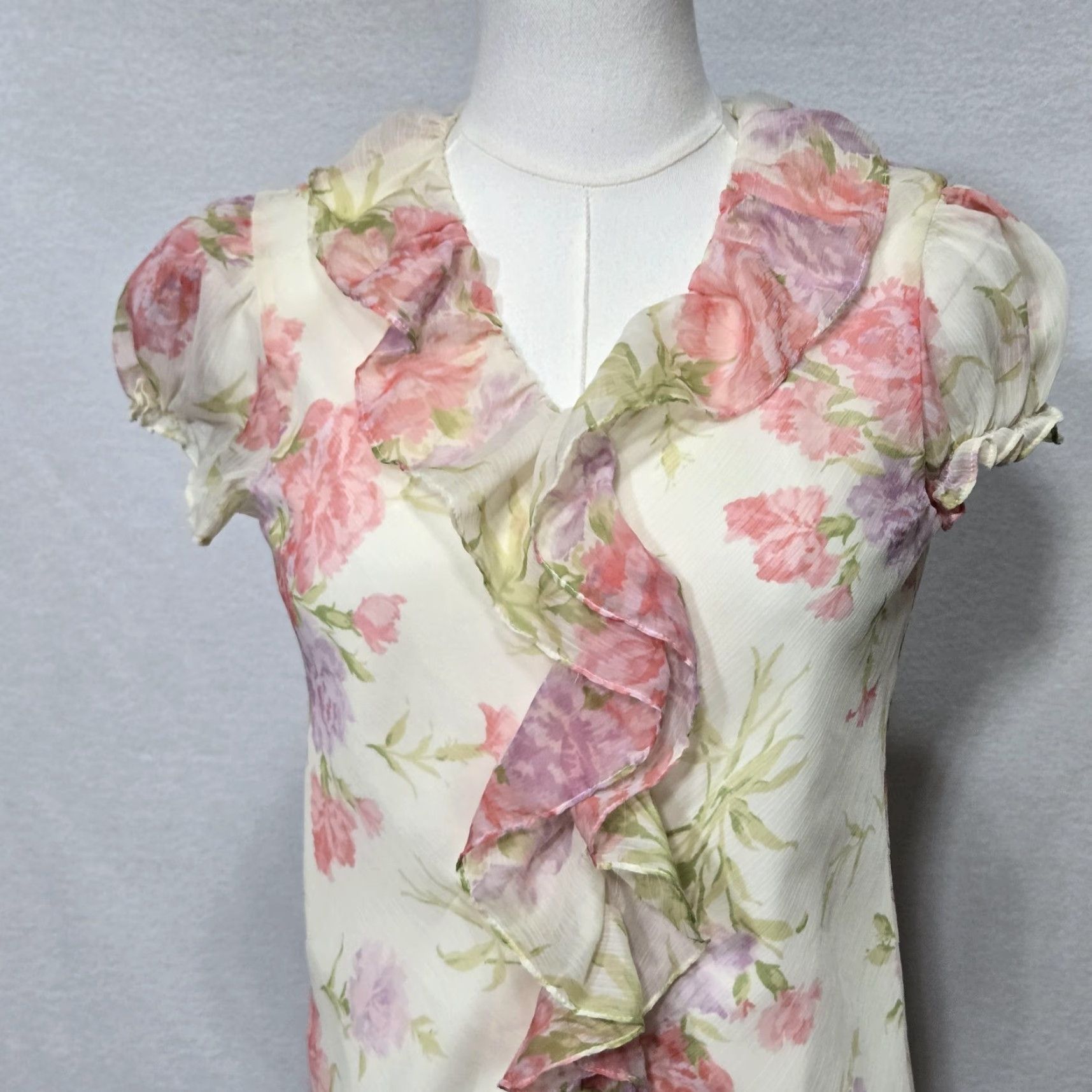 Ralph Lauren Dress Womens 16 White Floral Chiffon Ruffle Layered Fit & Flare  Dress