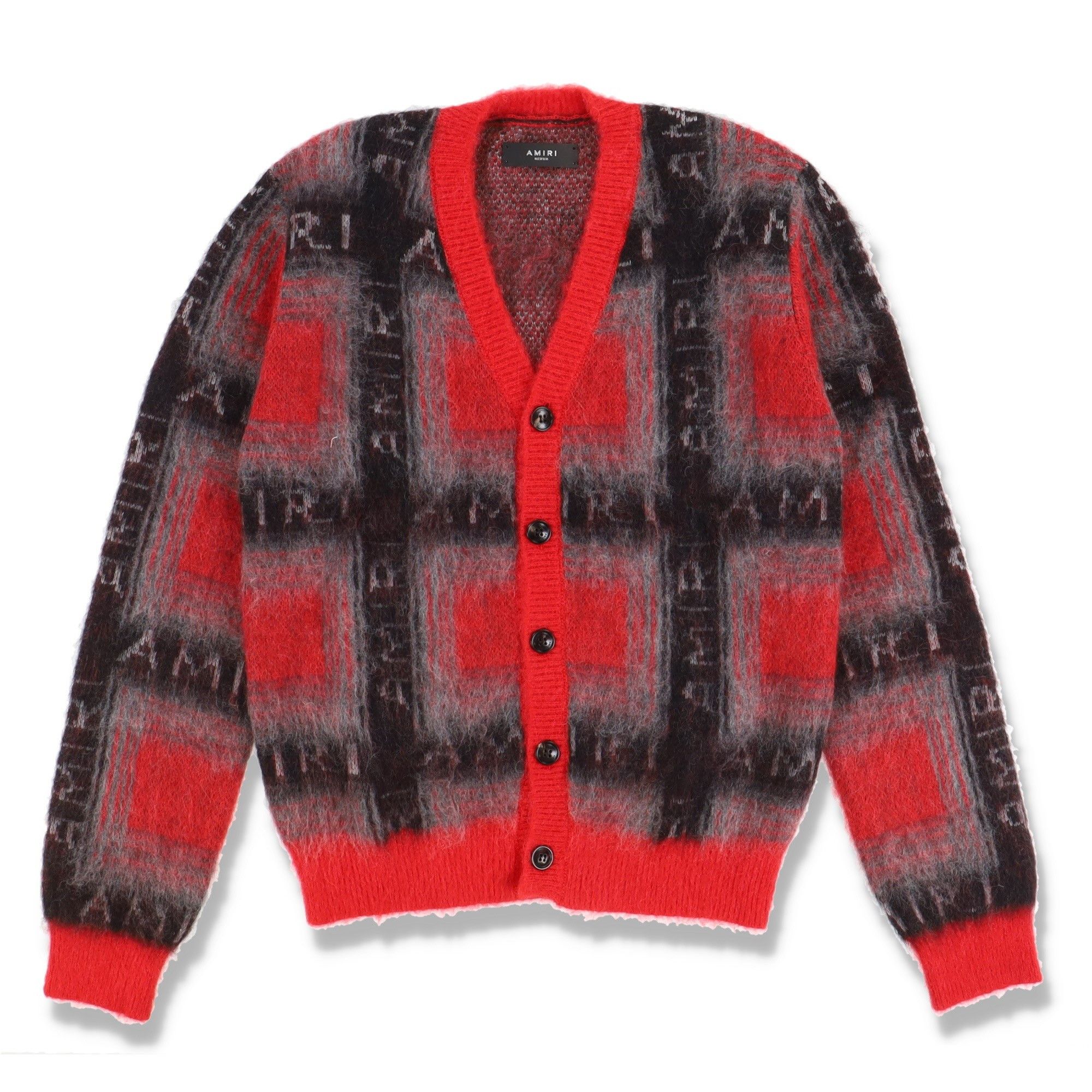 Red Check Brushed Mohair Intarsia Logo Cardigan