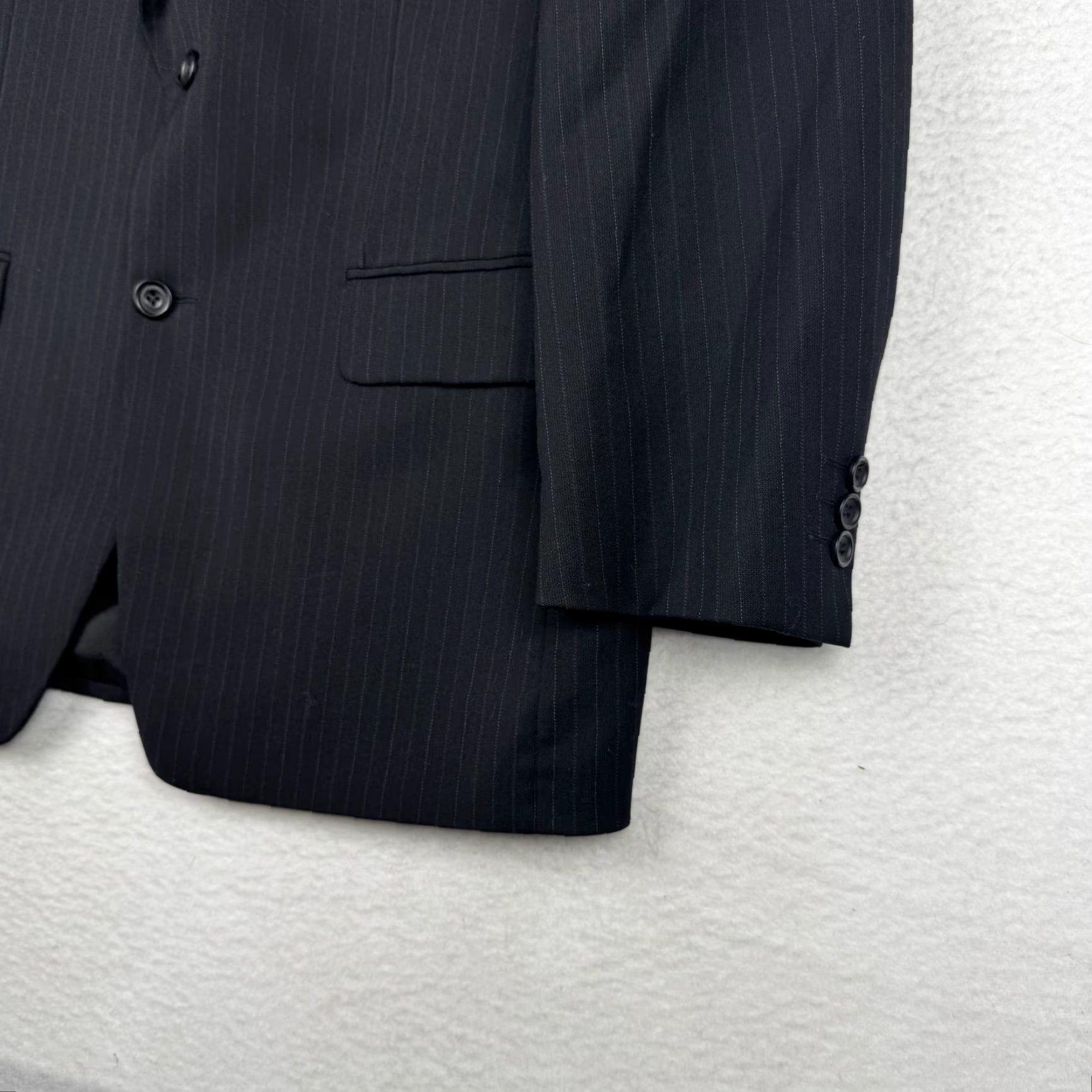 Yves Saint Laurent VINTAGE Saint Laurent YSL Mens Blazer Coat Wool 2 Piece Notch Lapel Black Pinstripe 44L Long Jacket Size 44R - 3 Thumbnail