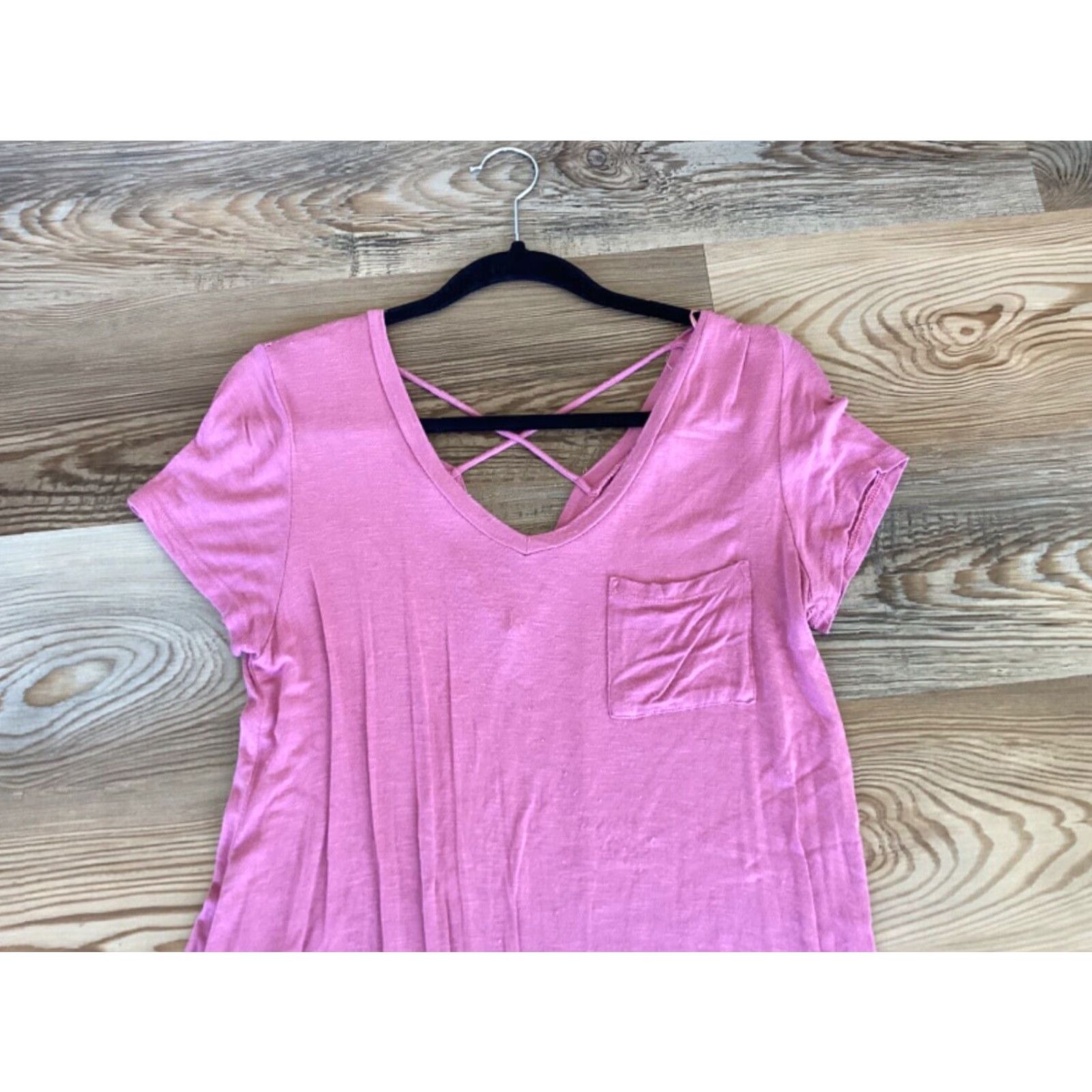 Vintage Pink Rose T-Shirt Dress Medium Pink Knee Length Criss Cross Back Pockets Rayon Womens Size M / US 6-8 / IT 42-44 - 2 Thumbnail