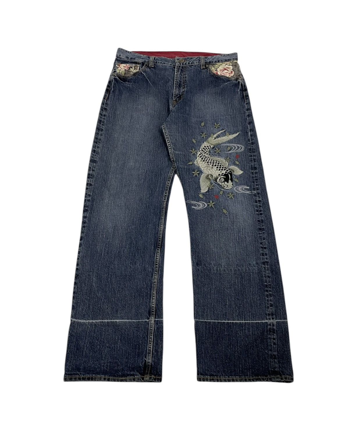 Karakuri Tamashii Vintage Japanese Koi Jeans Embroidery Logo Karakuri Style Size US 35 - 2 Thumbnail