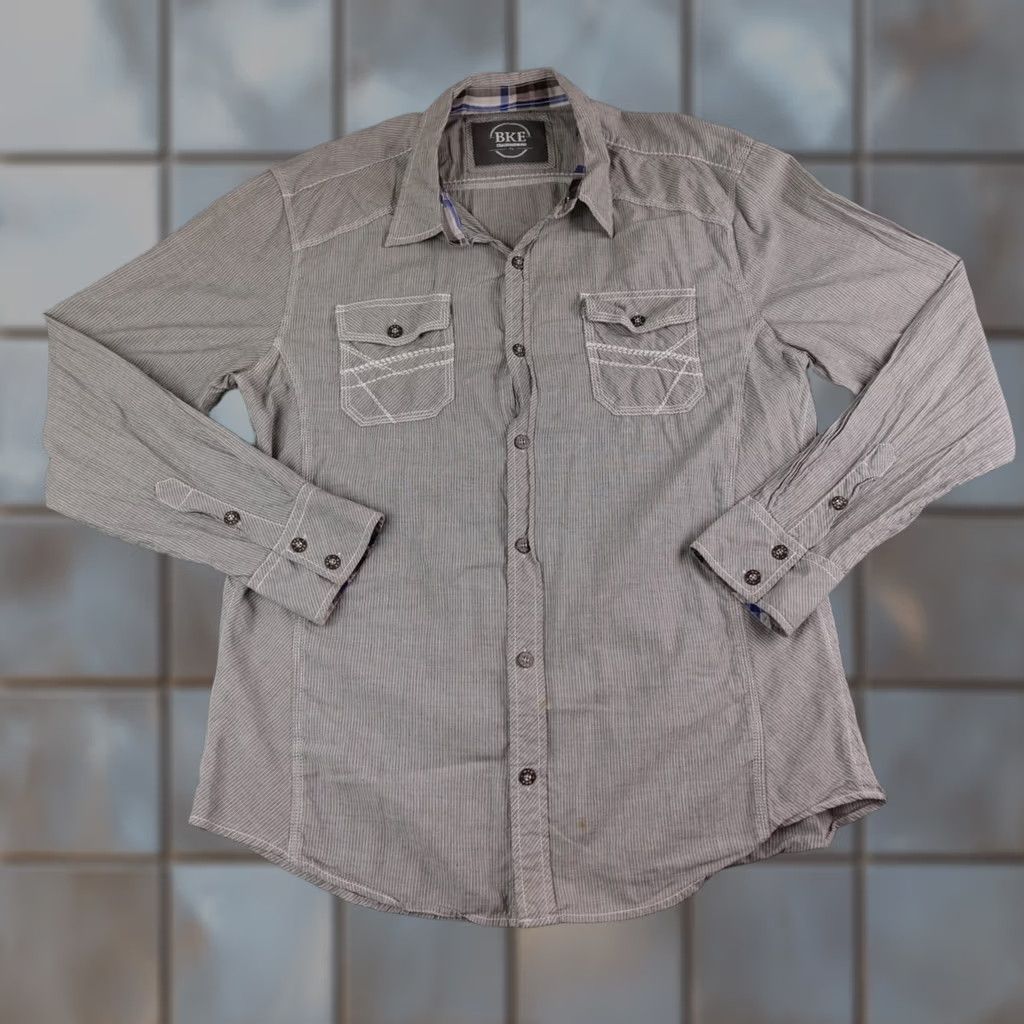 BKE Mens BKE Shirt Gray White Striped Athletic Fit Long Sleeve Button XL Size US XL / EU 56 / 4 - 1 Thumbnail