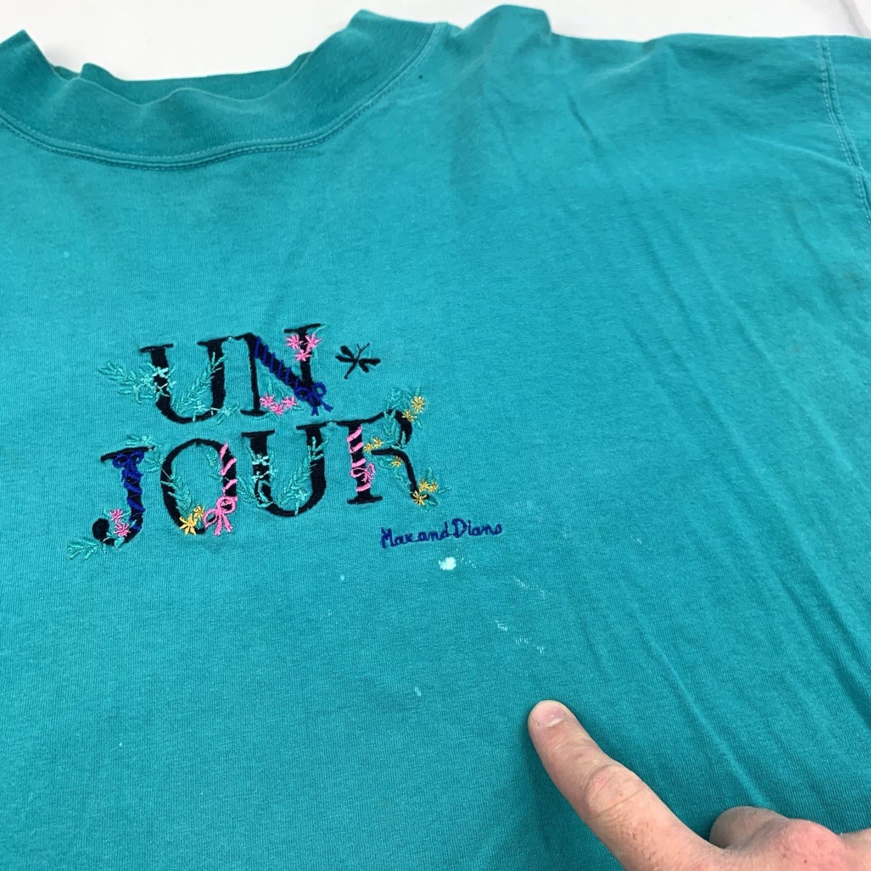 Altea VINTAGE Max & Diane T Shirt Womens L Teal Embroidered Flowers 90s Size L / US 10 / IT 46 - 3 Thumbnail