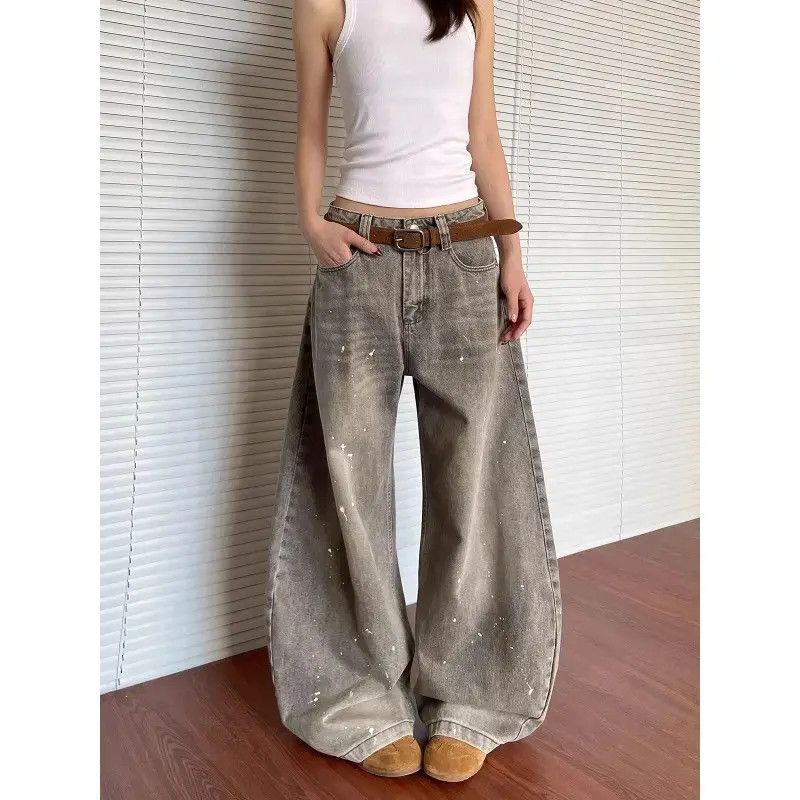 Retro loose grey splashed ink jeans