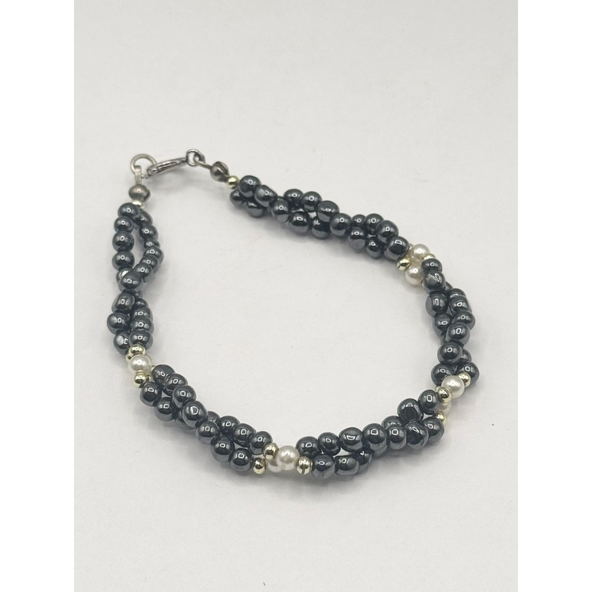 Vintage Vintage Hematite & Pearl Triple Strand Beaded Braided Bracel Size ONE SIZE - 3 Thumbnail