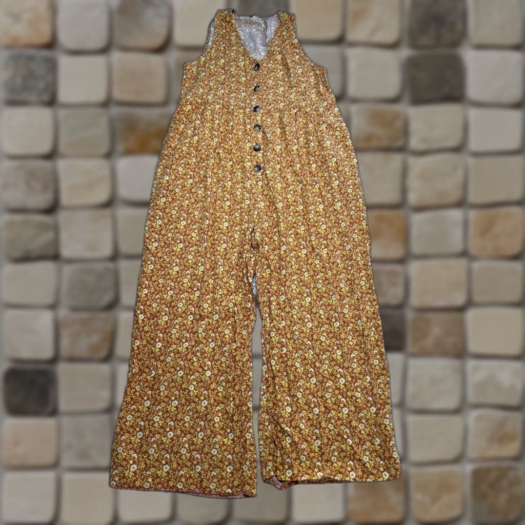 Madewell Madewell Jumpsuit Womens 6 Yellow Brown Floral Sleeveless Round Neck 1 Piece Wide-Leg Casual Party/Cocktail Travel Size 28" / US 6 / IT 42 - 1 Thumbnail