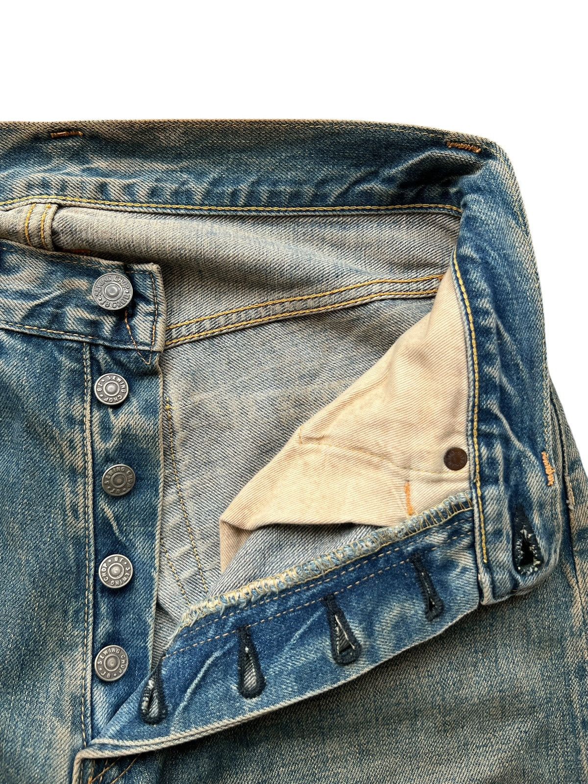 Vintage Vintage Sewing Chop Selvedge Distressed Mudwash Denim Jeans Size 29" - 11 Thumbnail
