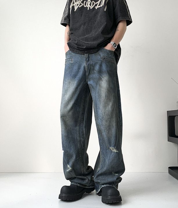 Vintage Men's American Distressed Wide-Leg Street Washed Denim Jeans Size US 32 / EU 48 - 2 Thumbnail