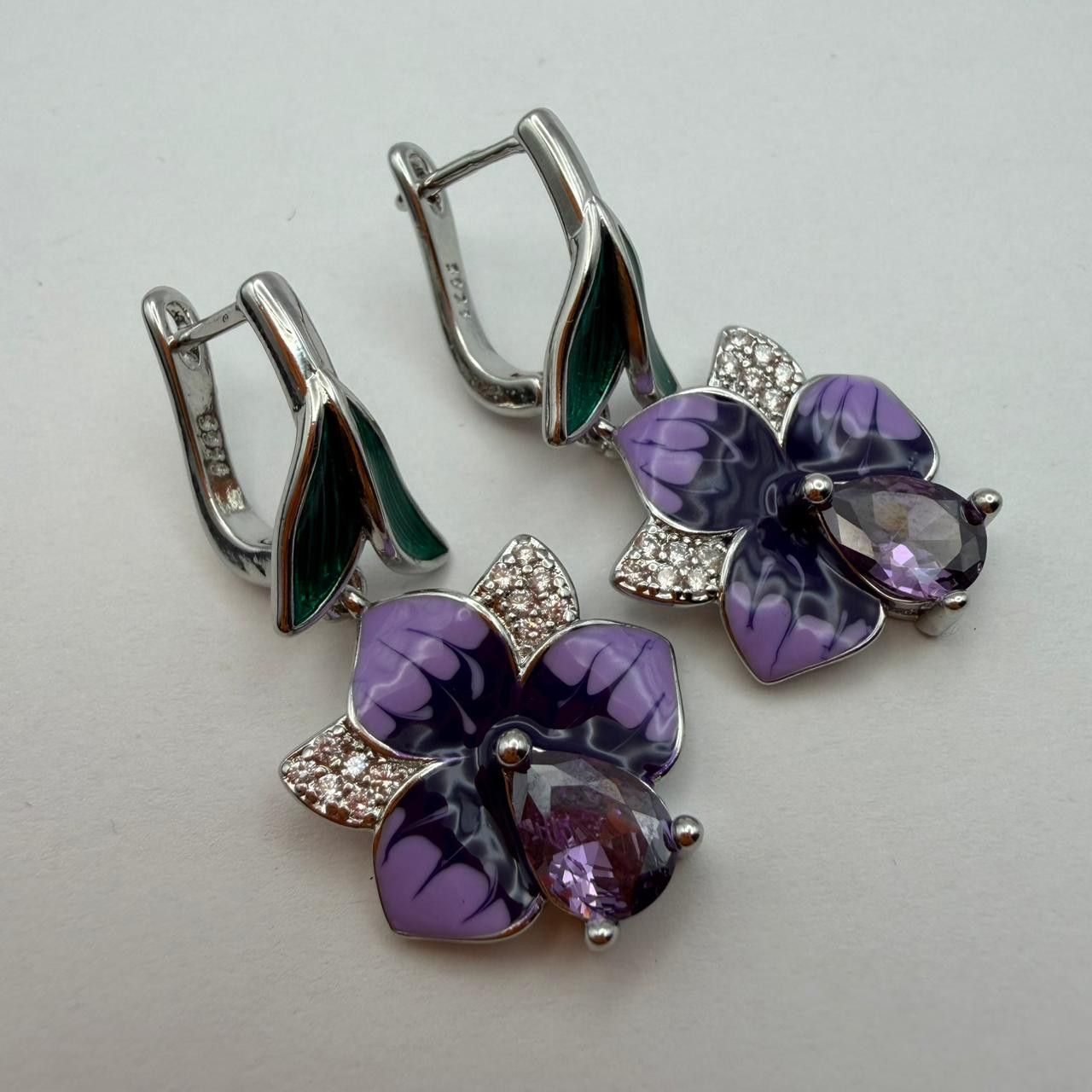 925 Sterling Silver Purple Floral Crystal Earrings