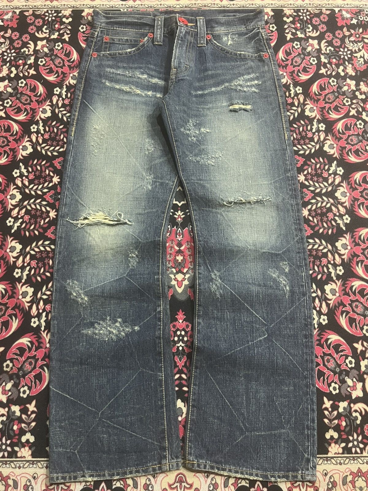 GOSTAR DE FUGA Co&Lu Cracked Distressed Big Slogan Dark Blue Loose Jeans Size US 31 - 1 Thumbnail
