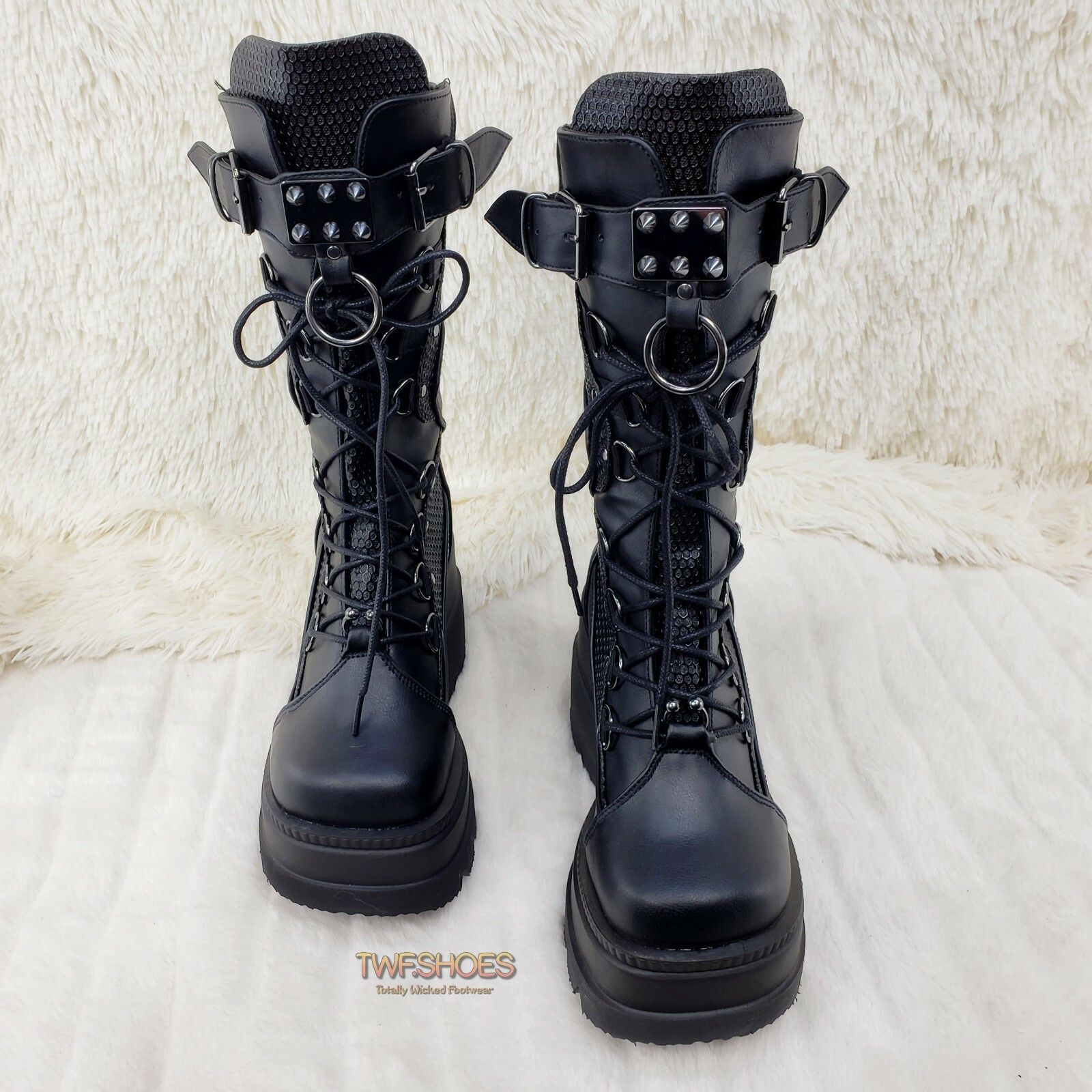 Demonia Cult DEMONIA Shaker 70 Black Platform 4.5" Wedge Mid Calf Goth Pu Size US 12 / IT 42 - 2 Thumbnail