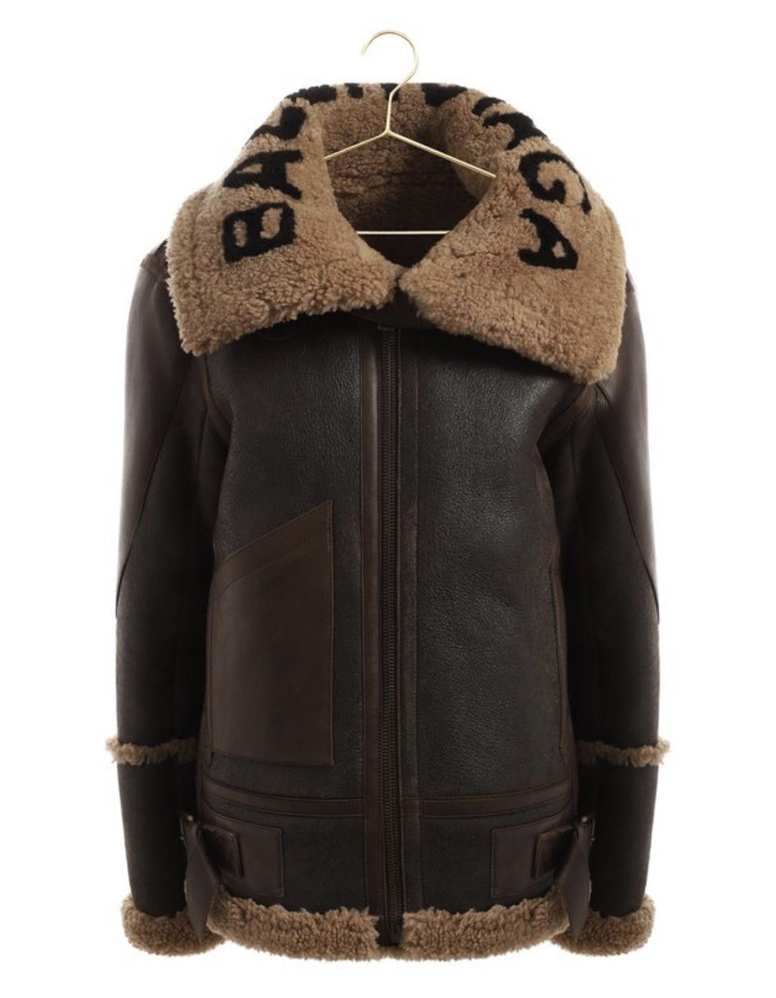 image of Balenciaga Leather Aviator Shearling Cozy Fur Logo Jacket in Brown, Men's (Size XS)