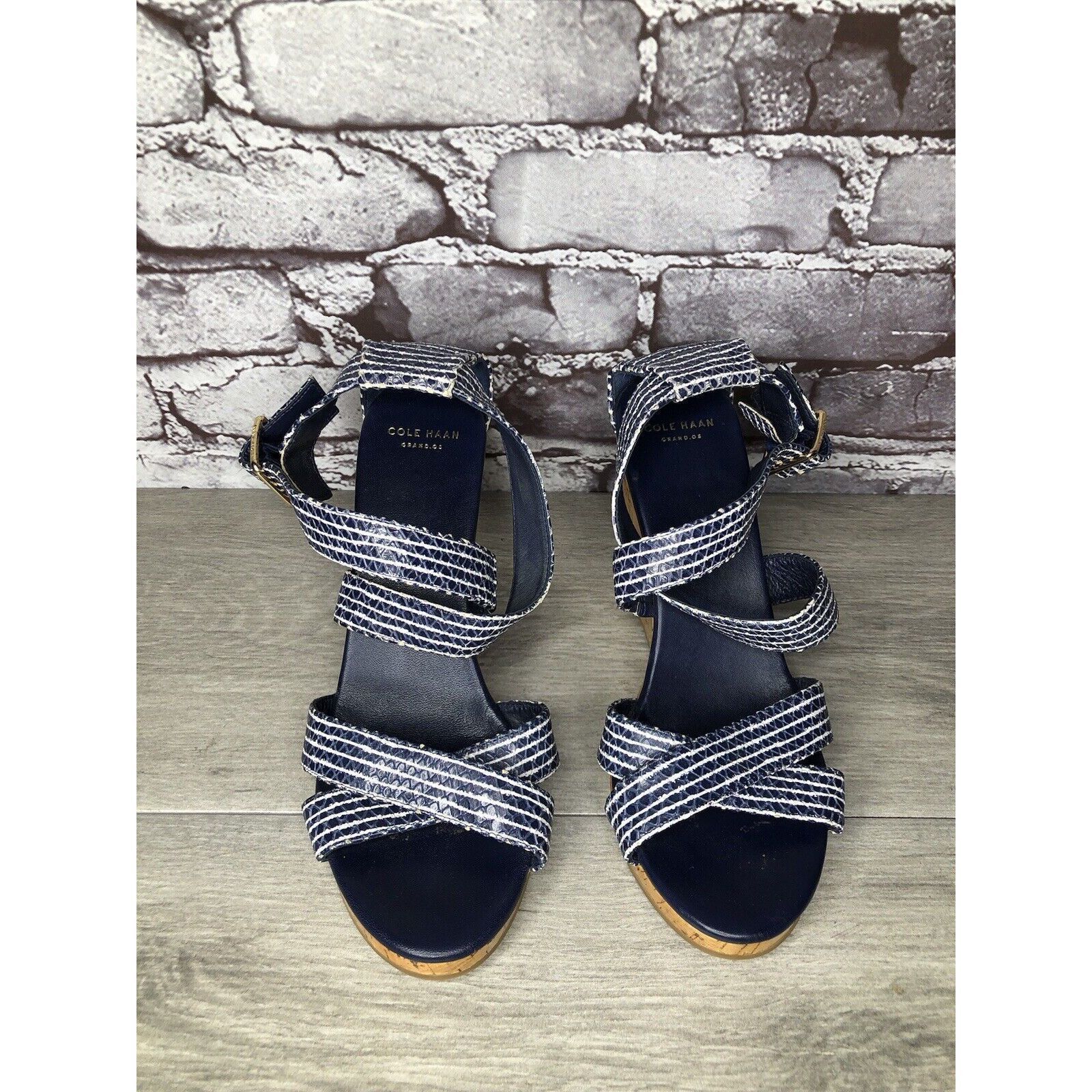 Cole Haan Cole Haan Grand OS Blue White Stripe Leather Cork Wedge Sand Size US 7.5 / IT 37.5 - 17 Thumbnail