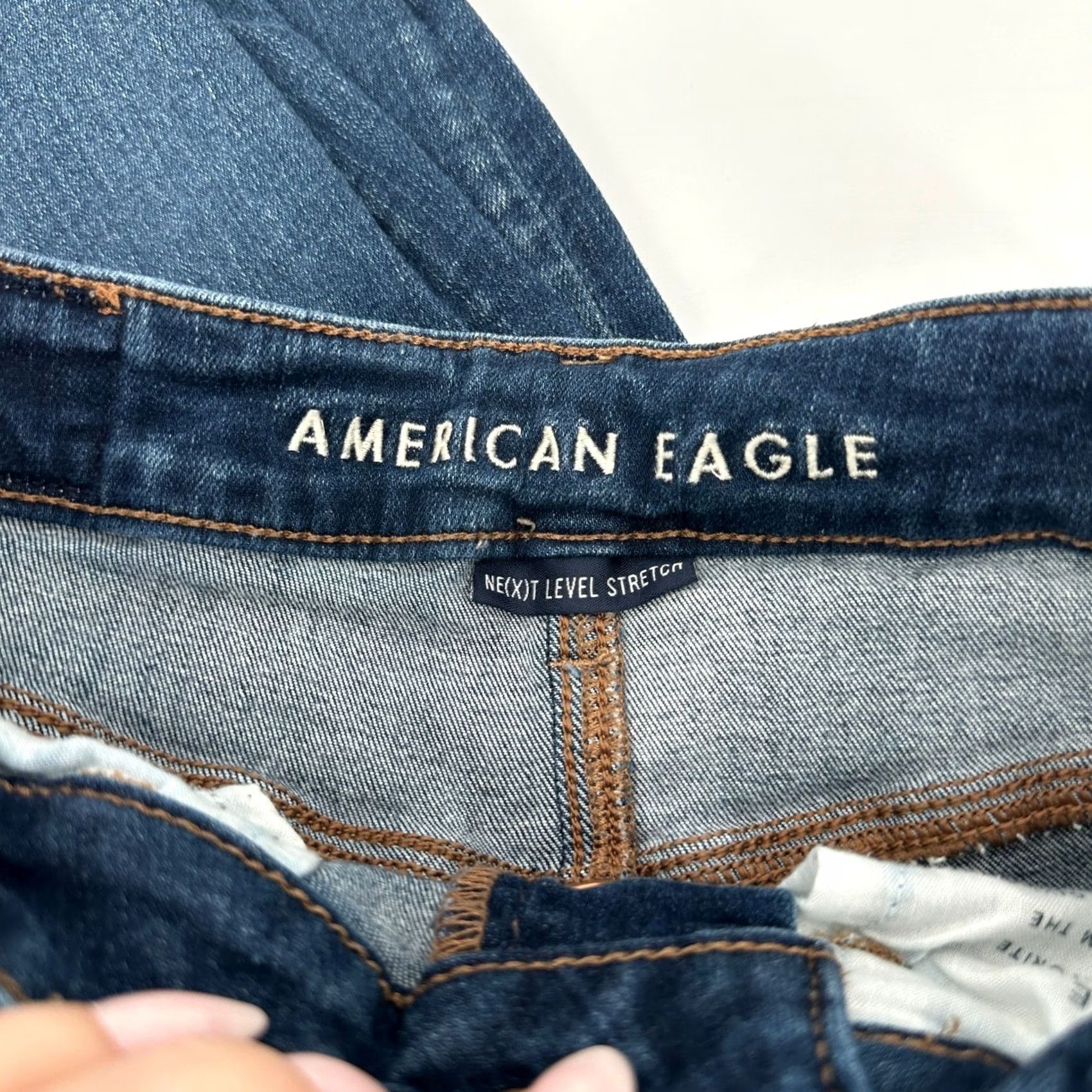American Eagle Outfitters VINTAGE? No. American Eagle Next Level Stretch High Rise Skinny Jeans Dark Wash Sz 2 Distress Size 42" / US 20 - 2 Thumbnail