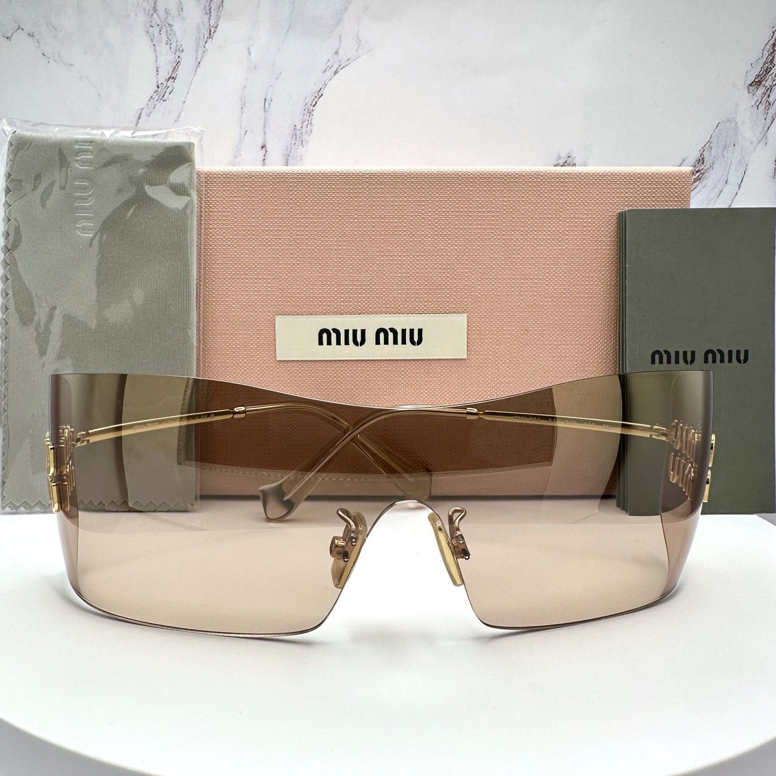 Miu Miu New MIU MIU Sunglasses Gold Light Mirror Bronze Rimless Wrap Size ONE SIZE - 19 Thumbnail