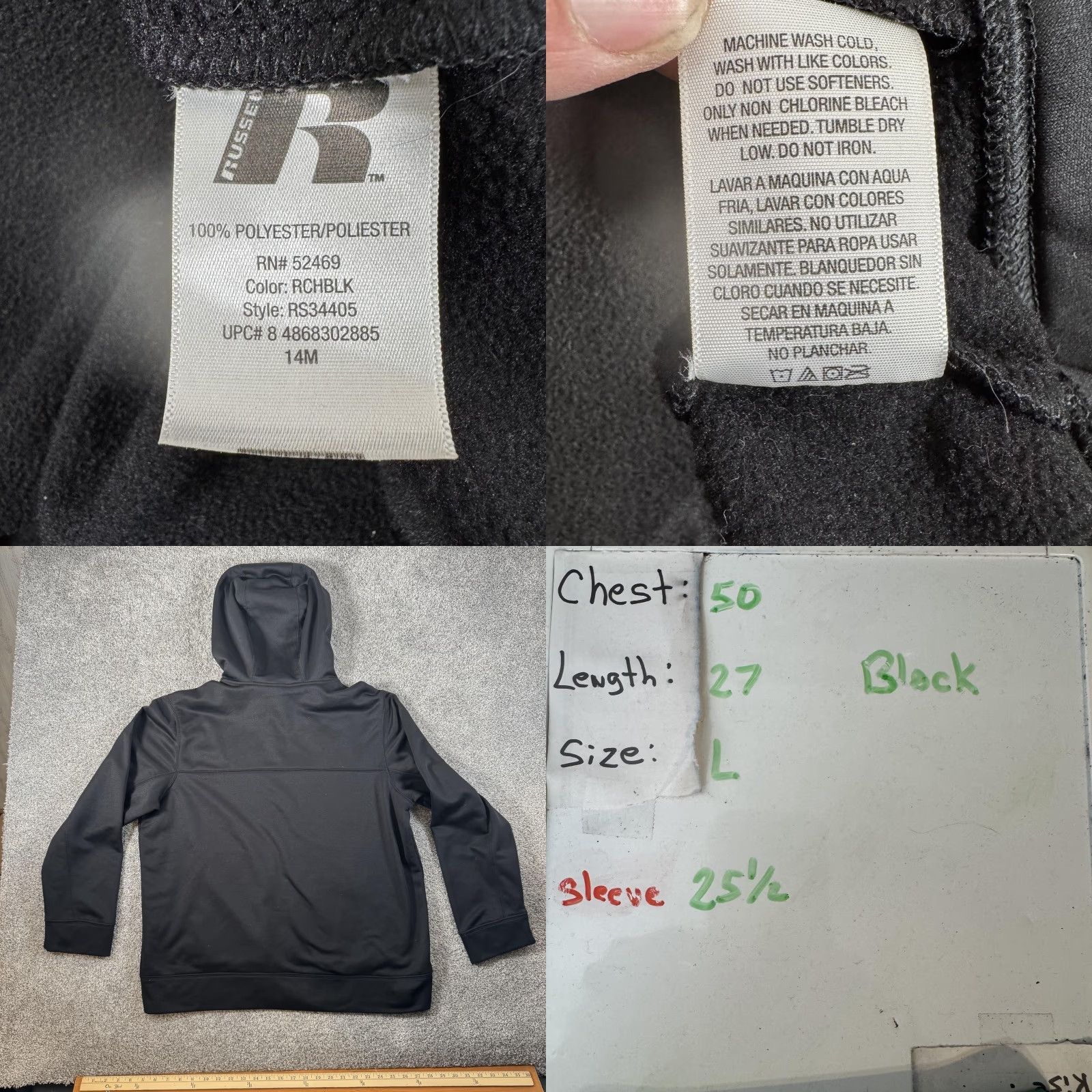 Russell Athletic Russell Hoodie Mens Large Black Full Zip Fleece Lined Pockets Jacket RS34405 Size US L / EU 52-54 / 3 - 9 Thumbnail