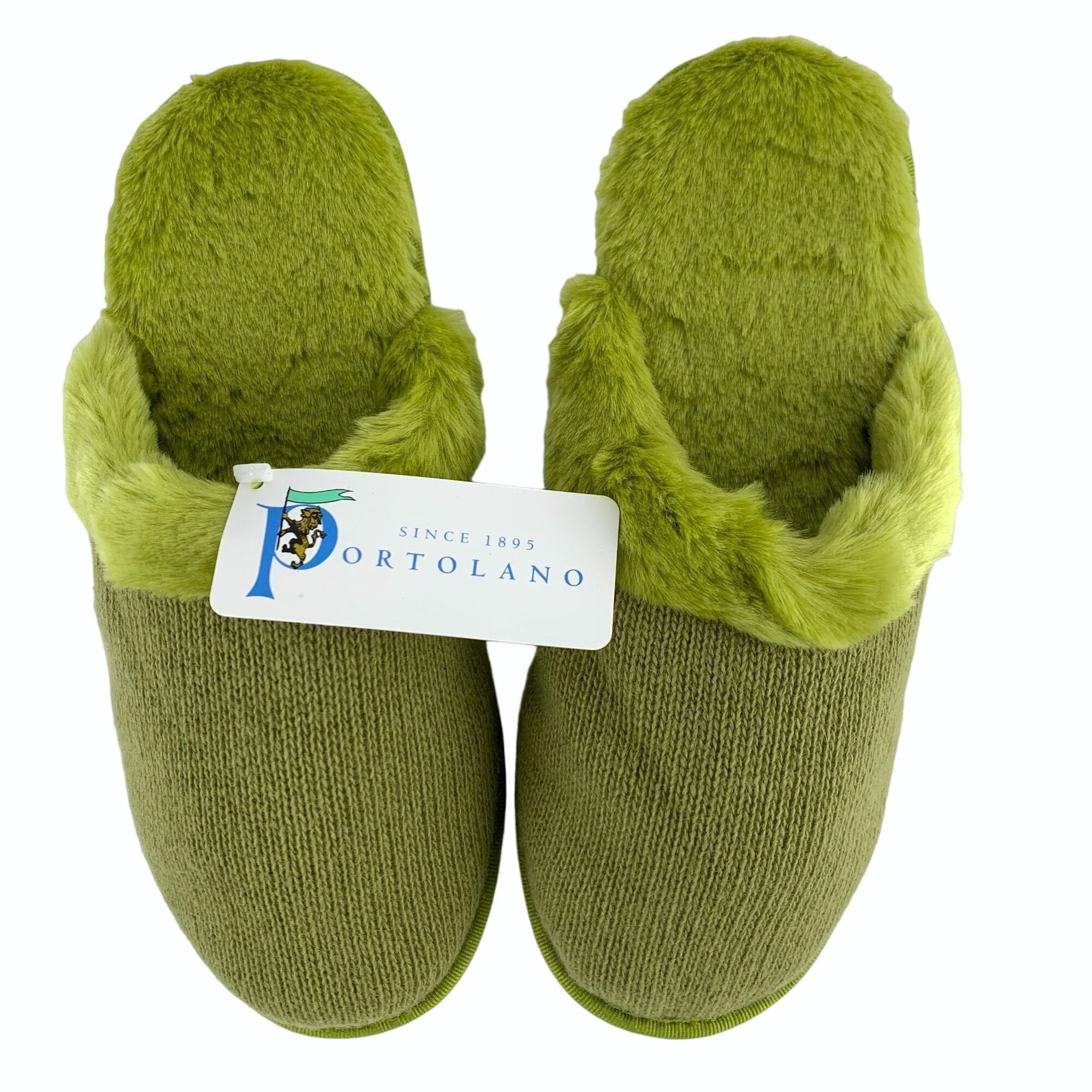 image of Portolano Olive Wool Blend & Faux Fur Slippers in Green, Women's (Size 9)