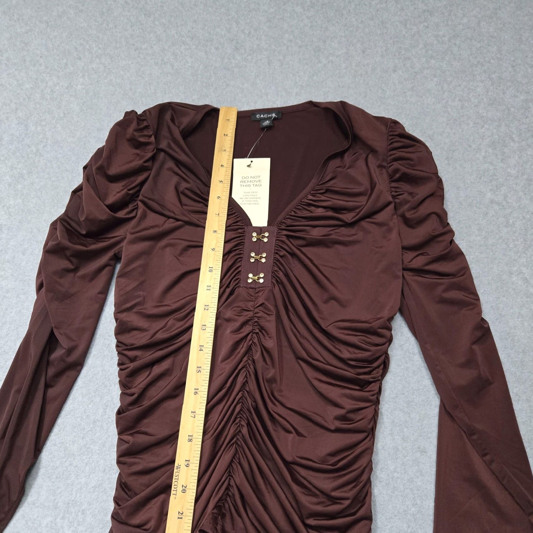 Vintage Cache Top Womens XS Brown Ruched Long Sleeve V Neck Stretch Blouse Dressy New Size XS / US 0-2 / IT 36-38 - 7 Thumbnail