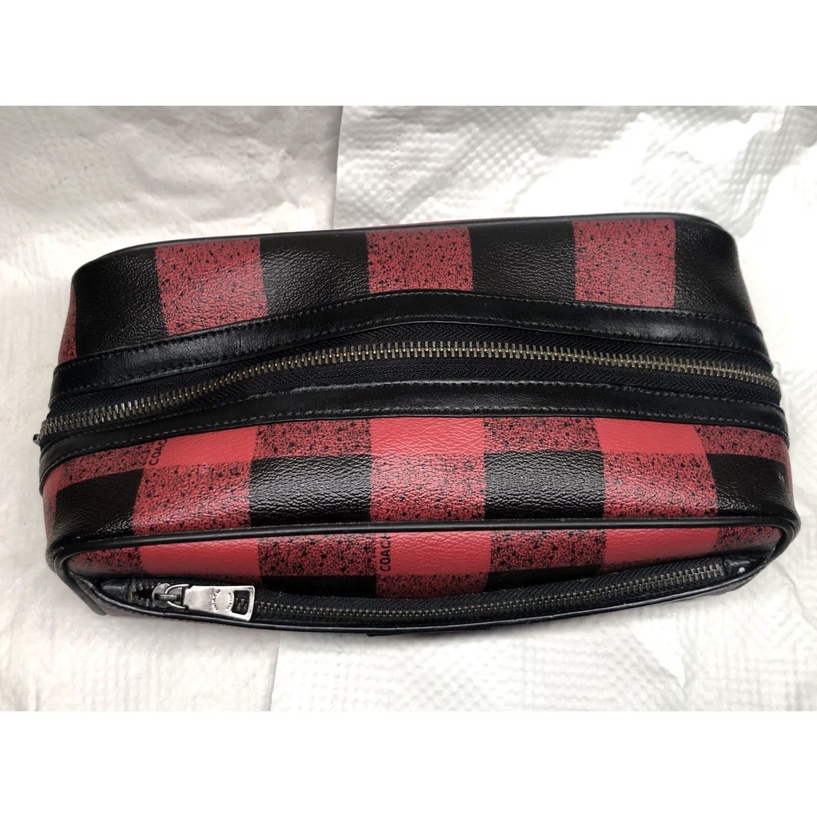 Coach VINTAGE Coach Dopp Kit Large Travel Cosmetic Bag Red Black Plaid Leather PVC Size ONE SIZE - 3 Thumbnail