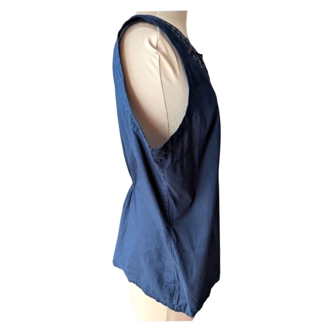 Vintage Navy Blue 100% Cotton Sleeveless Embellished Split Neck Top Quiet Luxury Sz L Size M / US 6-8 / IT 42-44 - 5 Thumbnail