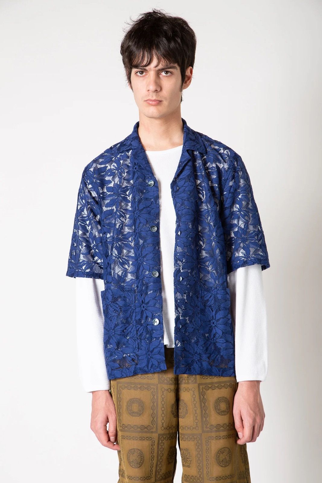 Needles !DS! SS23 Needles Cabana Lace Navy Short Sleeve Shirt Size US L / EU 52-54 / 3 - 4 Thumbnail