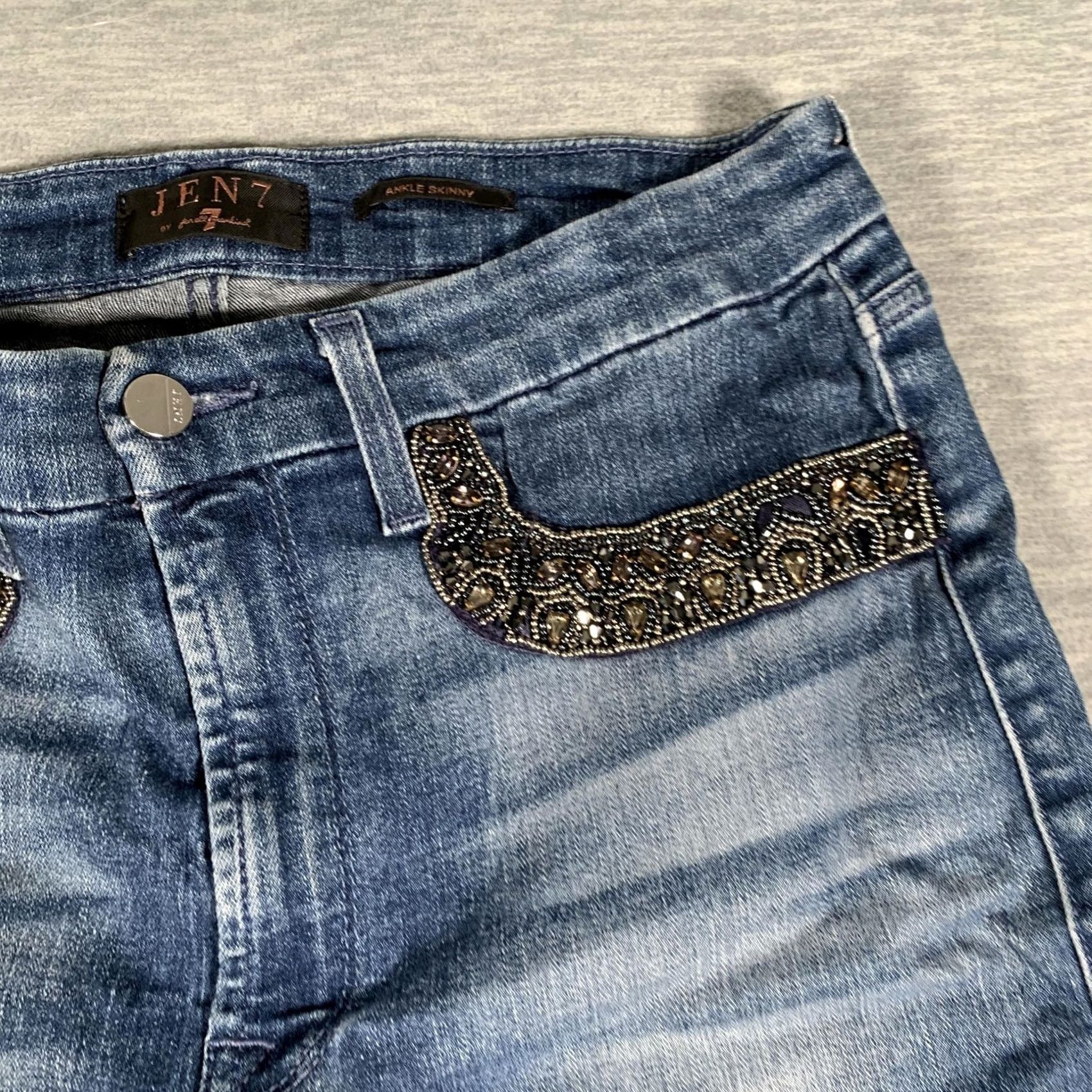 Vintage Jen7 Jeans Womens 10 Ankle Skinny Beaded Pocket Stretch Denim Mid Rise Blue Size 32" / US 10 / IT 46 - 4 Thumbnail
