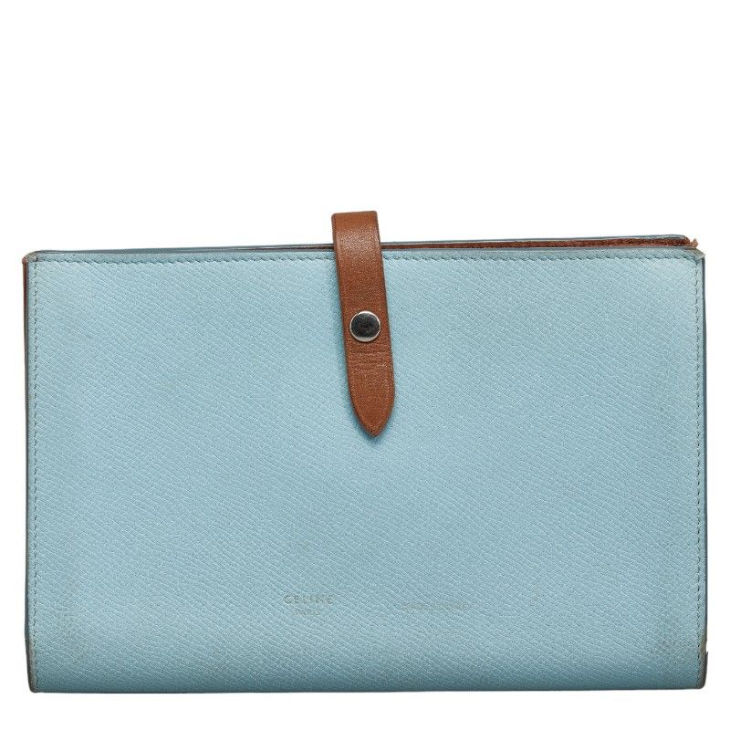 image of Celine Leather Bifold Strap Wallet in Blue, Women's