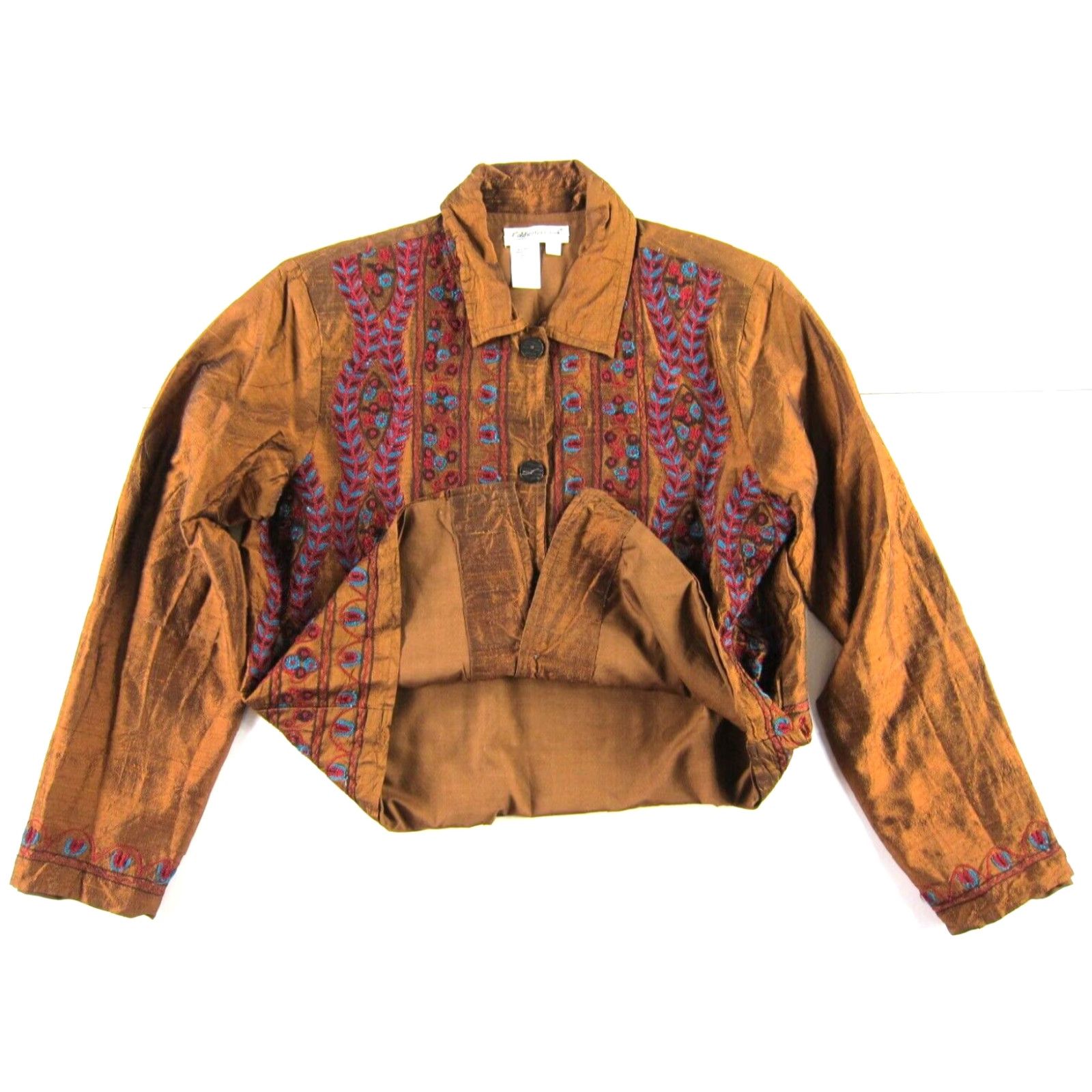 Coldwater Creek VINTAGE Coldwater Creek Silk Blouse Embroidered Floral Collared Button Up Silk Blouse S Brown Blue Red Womens Dress Shirt Size S / US 4 / IT 40 - 5 Thumbnail
