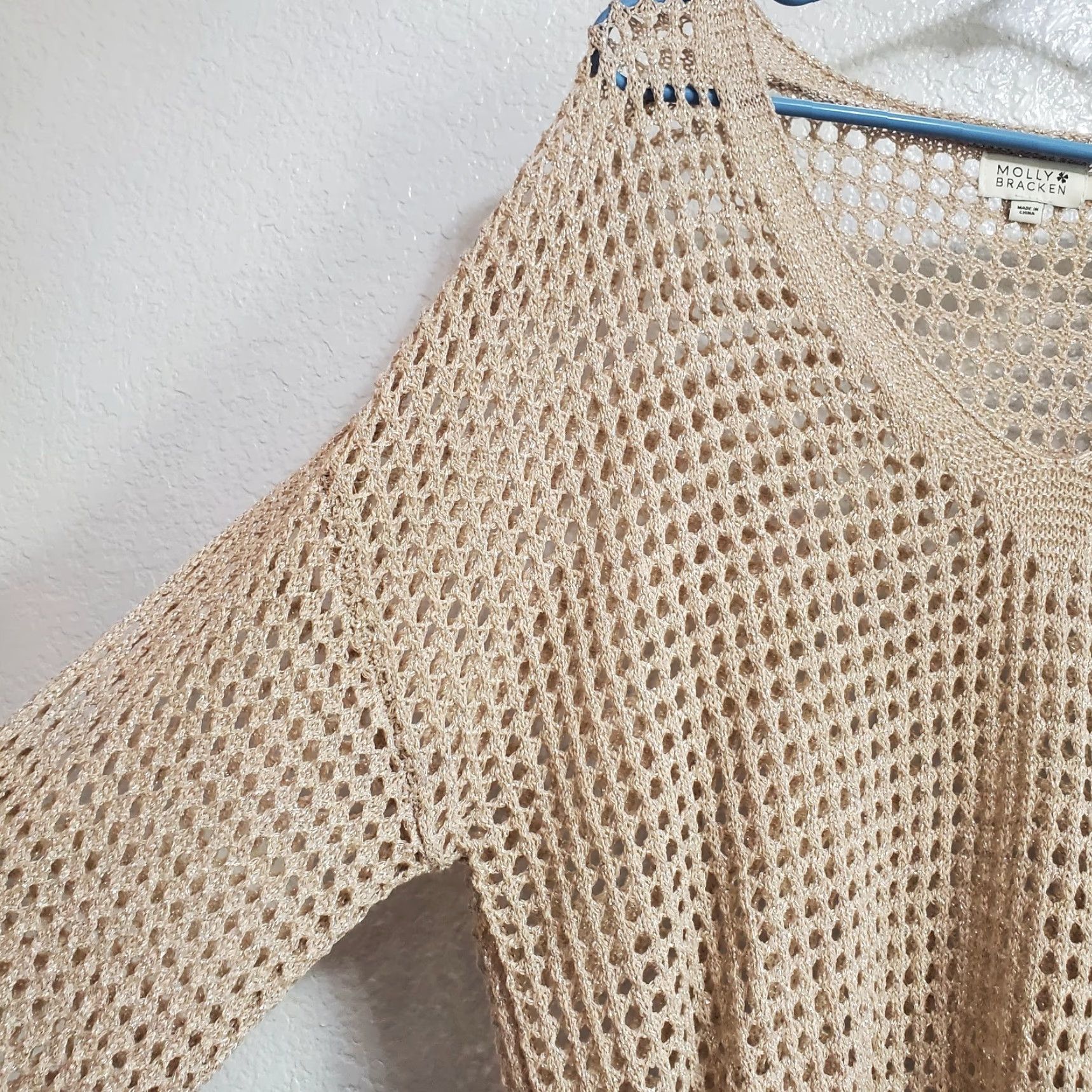 Vintage VINTAGE Molly Bracken Sweater Women XL Beige Gold Metallic Shimmer Open Knit Pullover Size XL / US 12-14 / IT 48-50 - 5 Thumbnail