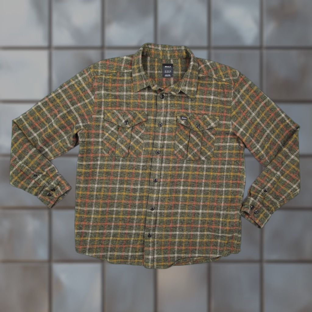 RVCA RVCA Mens Shirt Relaxed Fit Green Check Long Sleeve Button Up Hughes Flannel 100% Cotton Button-Up Family: Bohemian California Classic Outdoor Size US M / EU 48-50 / 2 - 1 Thumbnail