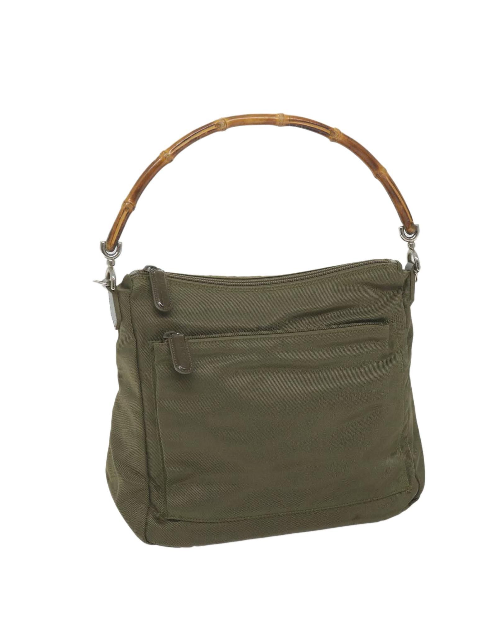 image of Gucci Khaki Nylon Shoulder Bag With Bamboo Detailing, Women's