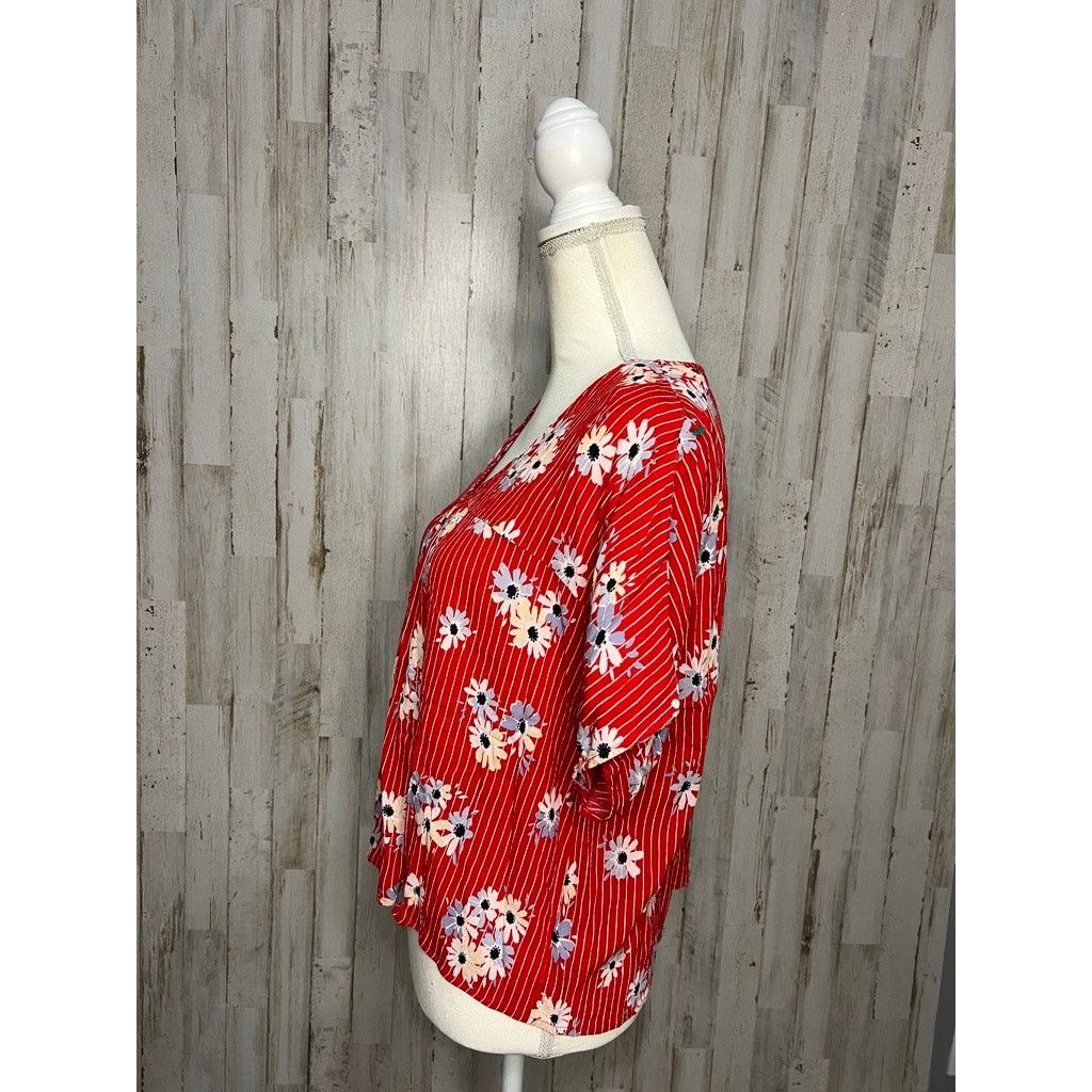Madewell Madewell Women's Large Floral Cropped Blouse Red V-Neck Size L / US 10 / IT 46 - 4 Thumbnail