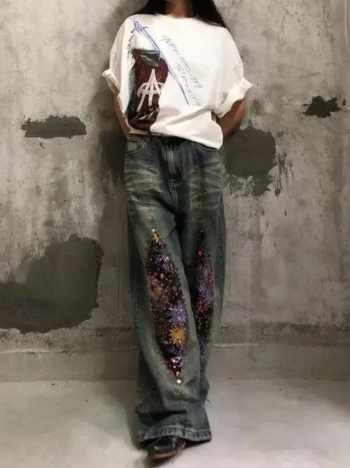 Jean Baggy Patchwork Embellished Wide Leg Jeans Size US 32 / EU 48 - 6 Thumbnail