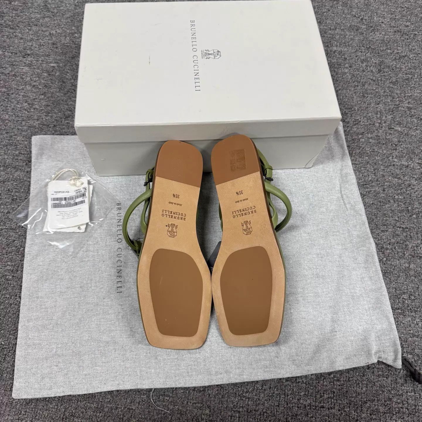 Brunello Cucinelli BC Olive Green Square Toe Monili Crystal Flat Sandal Size US 5 / IT 35 - 5 Thumbnail
