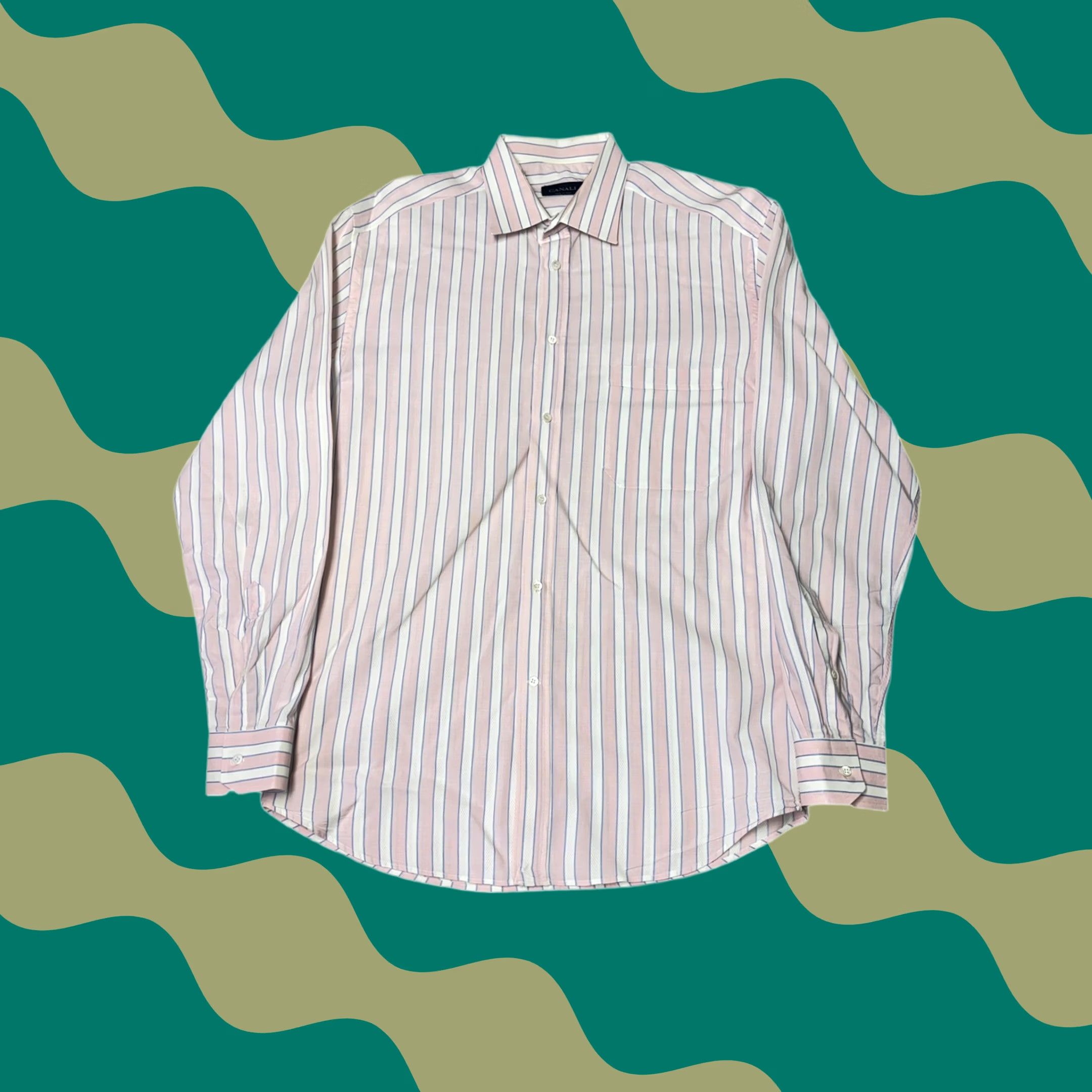 Canali CANALI Dress Shirt Men XL 41 Pink Blue White Striped 100% Cotton Made in Italy Long Sleeve Button Shirt N/A Size 46R - 1 Thumbnail