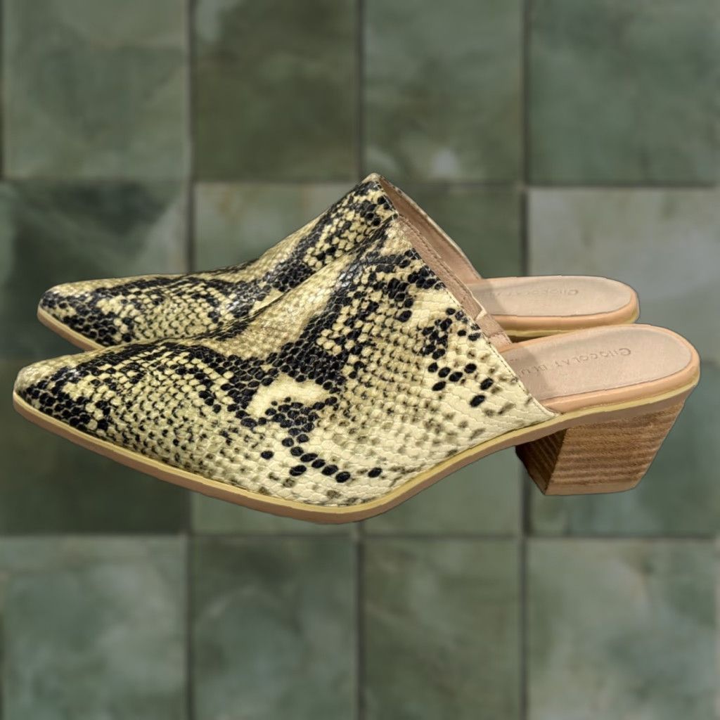 CHOCOOLATE Chocolat Blu Mules Womens Size 10 Leather Brown Embossed Snake Block Heel Shoes Size US 10 / IT 40 - 1 Thumbnail