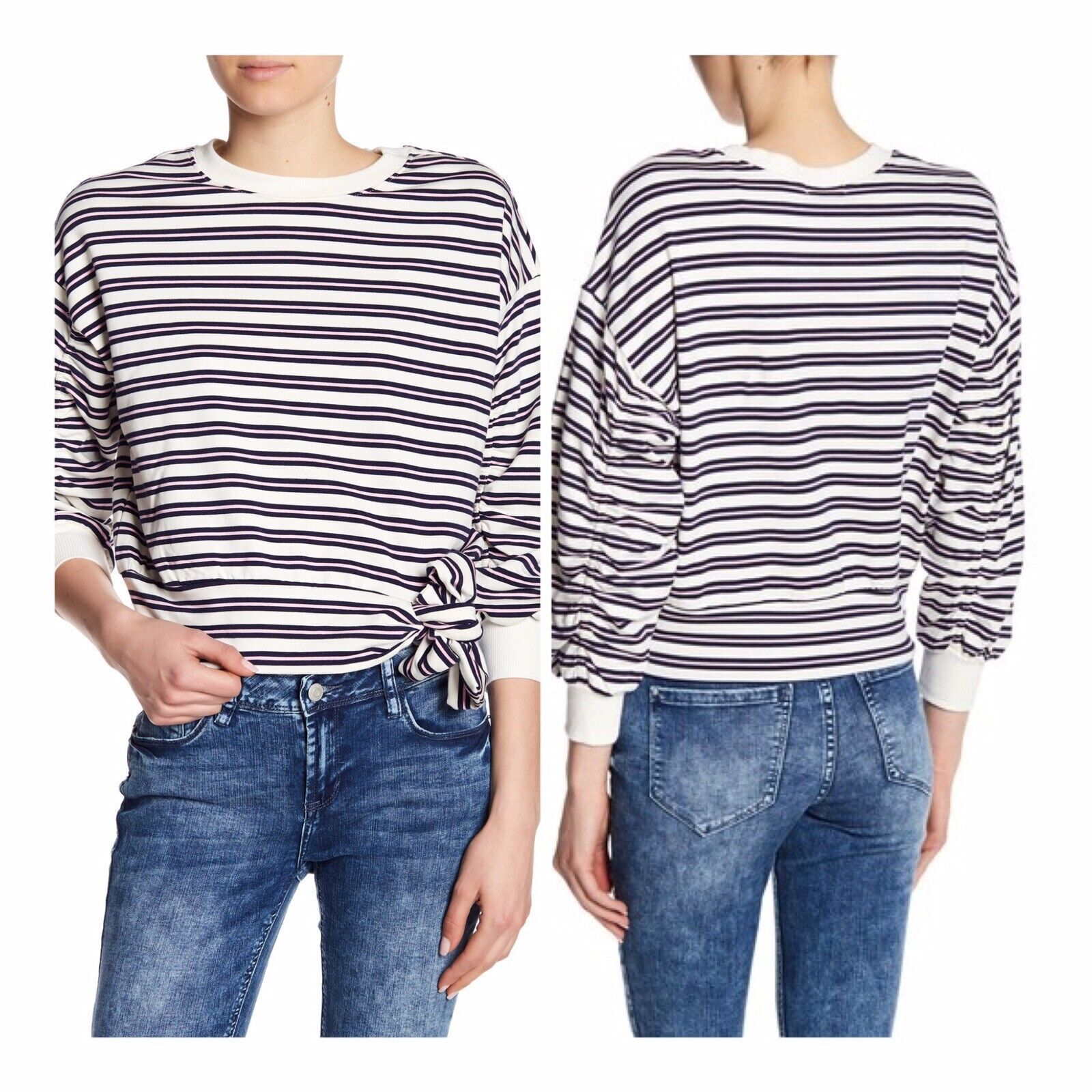 Other Kensie Striped Shirred 3/4 Sleeve Navy Pink Sweatshirt Small Size S / US 4 / IT 40 - 1 Thumbnail