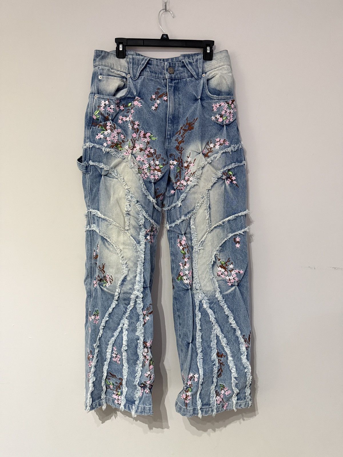 Bad Son embroidered panel denim pants floral distress design