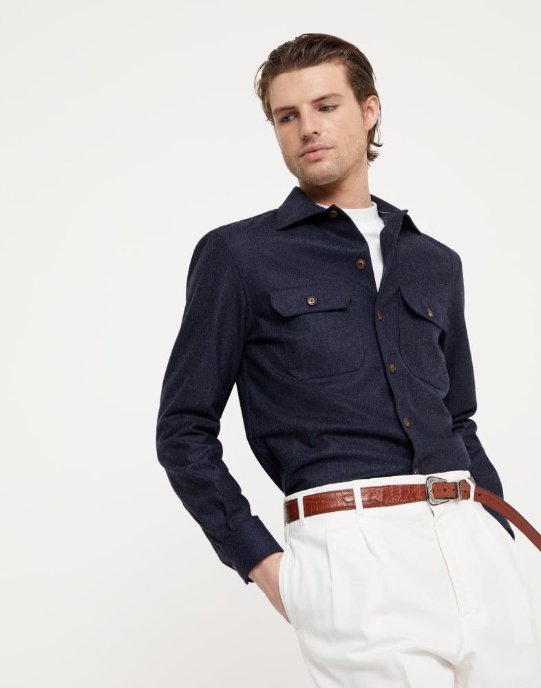Brunello Cucinelli o1w1db10825 Flannel Sportshirt in Dark Blue Size US M / EU 48-50 / 2 - 2 Thumbnail