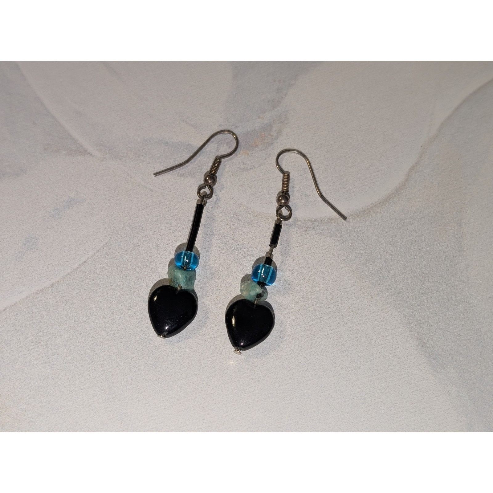 Vintage VTG 1980 Silver-Tone Turquoise & Black Heart Dangle Earrings Size ONE SIZE - 1 Thumbnail
