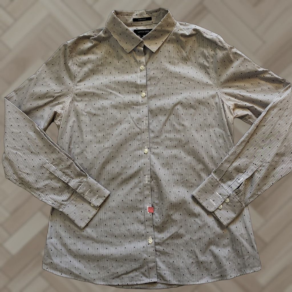 Lands' End Lands’ End Button Shirt Women’s Size 10 Cotton Gray Striped / 15-34 Button-Down Collared Long Sleeve Casual Shirt, 100% Cotton, Regular Fit, Women Size L / US 10 / IT 46 - 1 Thumbnail