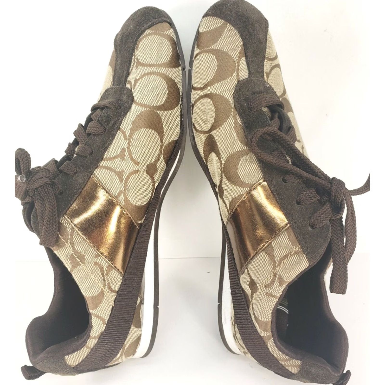 Coach Coach Hadley Sneaker Women’s 6.5M Brown Gold Coach Logo Fabric & Suede Shoe, Athletic, Casual, Low Top, Lace Up, Comfortable, Rubber Outsole, M Width Size US 7 / IT 37 - 7 Thumbnail