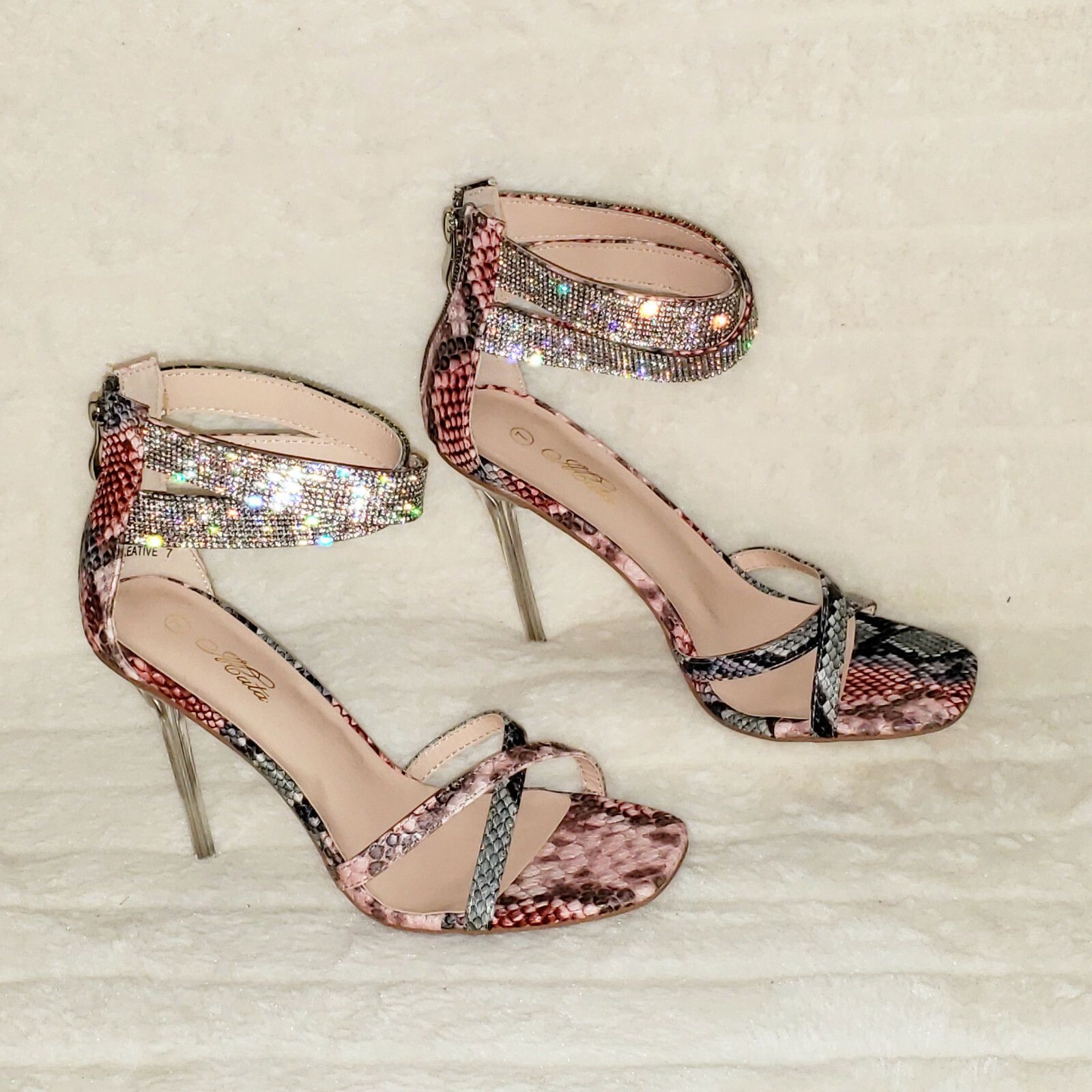 Other Mata Pink Snake Print Rhinestone Double Ankle Strap Closed B Size US 7.5 / IT 37.5 - 2 Thumbnail