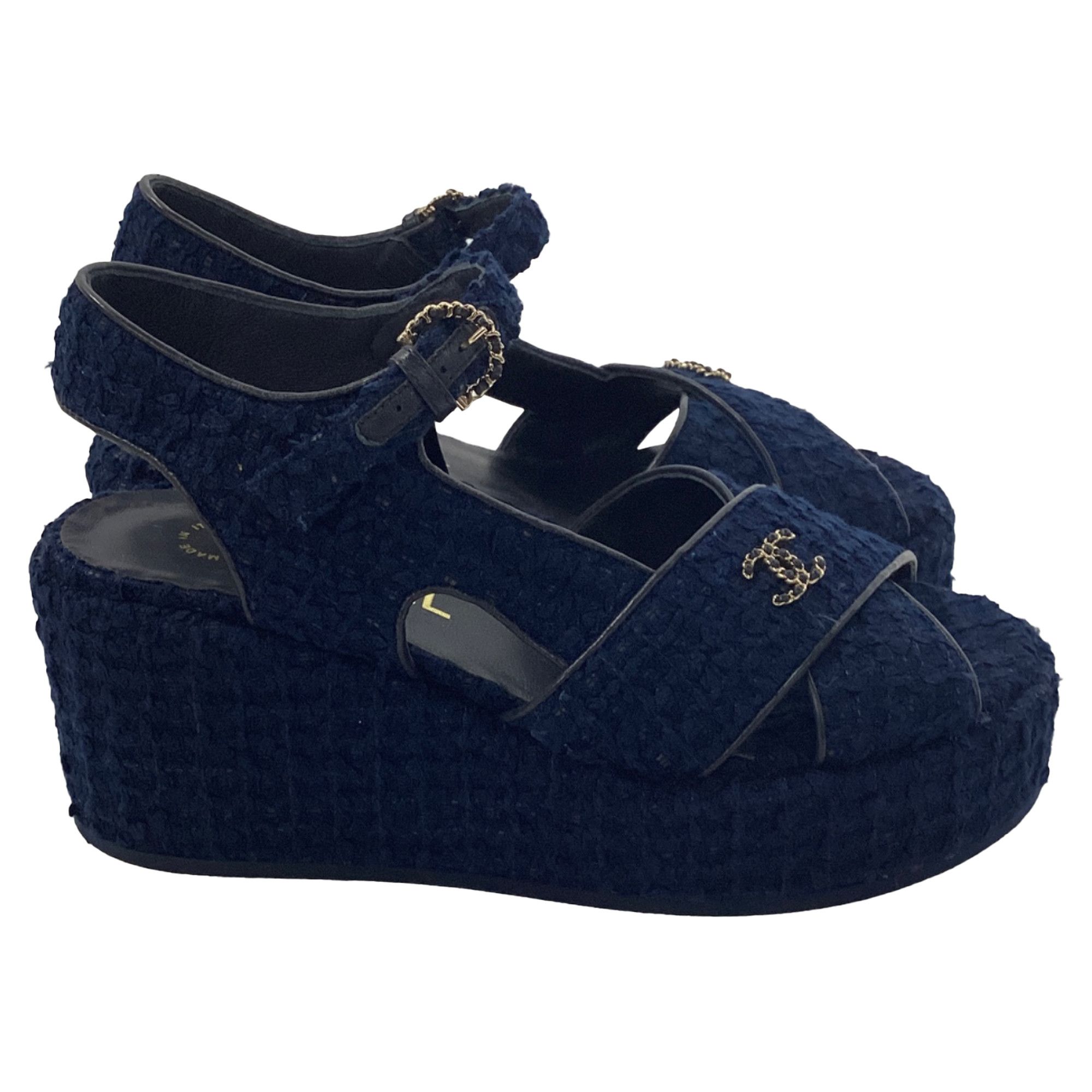 Chanel Chanel CC Wedge Sandals in Blue Cotton Tweed Size US 5.5 / IT 35.5 - 1 Thumbnail
