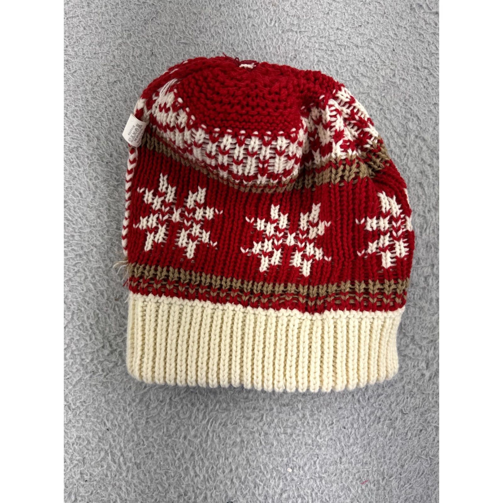 Vintage Womens Floral Beanie Toque One Size Cream Red Knit Winter Pom 100% Acrylic Size ONE SIZE - 3 Thumbnail