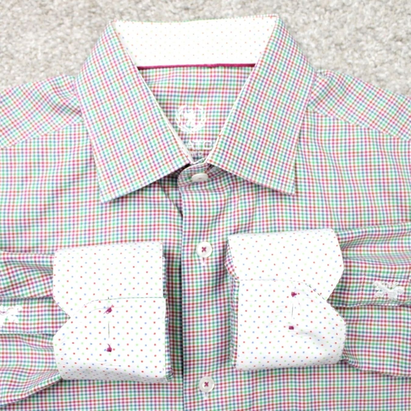 BUGATCHI Bugatchi Uomo Shirt Mens 15 1/2 32/33 Red/Green Flip Cuff Cotton Long Sleeve Dress Shirt Pattern Check Blue White Red Green Size US L / EU 52-54 / 3 - 2 Thumbnail