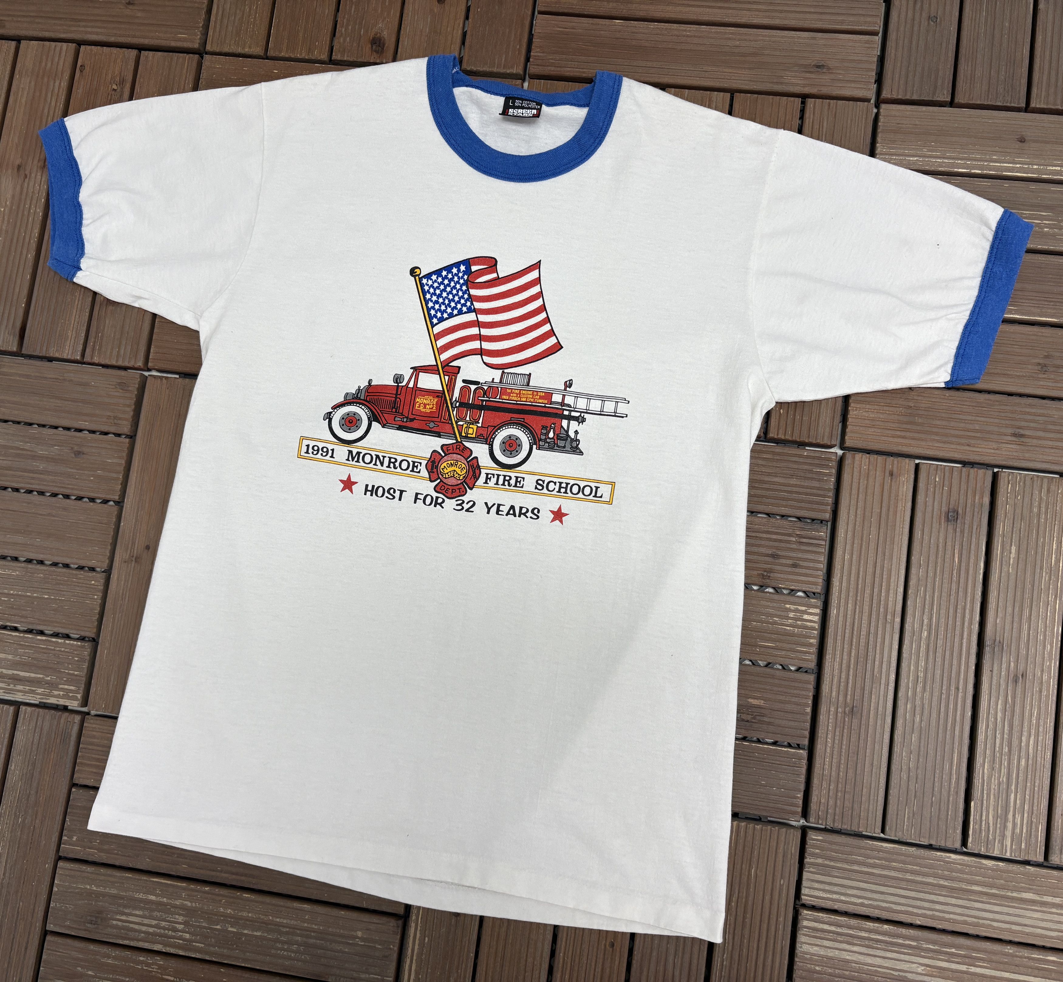 Vintage 1991 Monroe Fire School Vintage White T-Shirt Tee Size US L / EU 52-54 / 3 - 3 Thumbnail