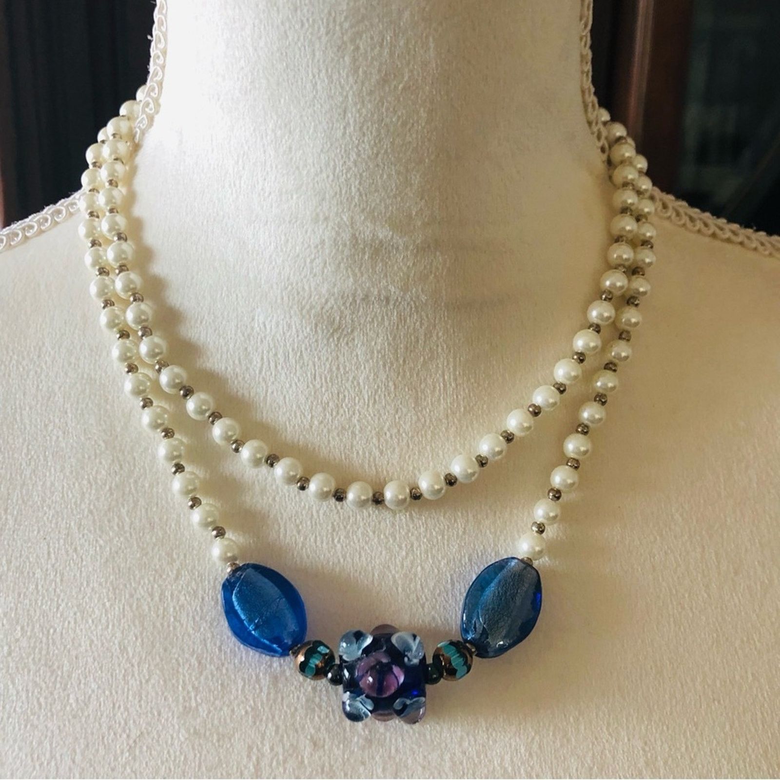 Handmade Handcrafted double strand white Czech Pearl necklace Size ONE SIZE - 2 Thumbnail